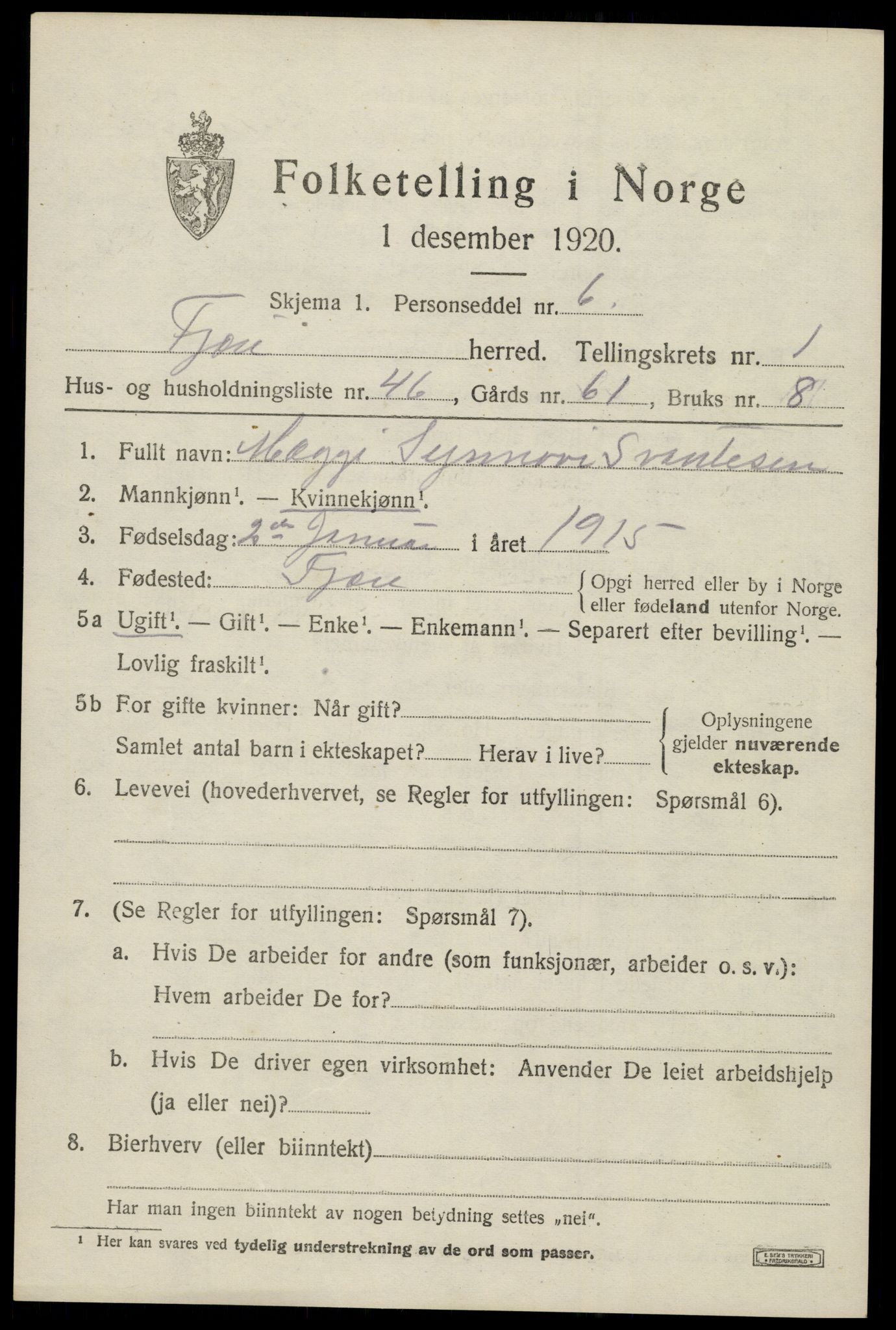 SAK, 1920 census for Fjære, 1920, p. 2627