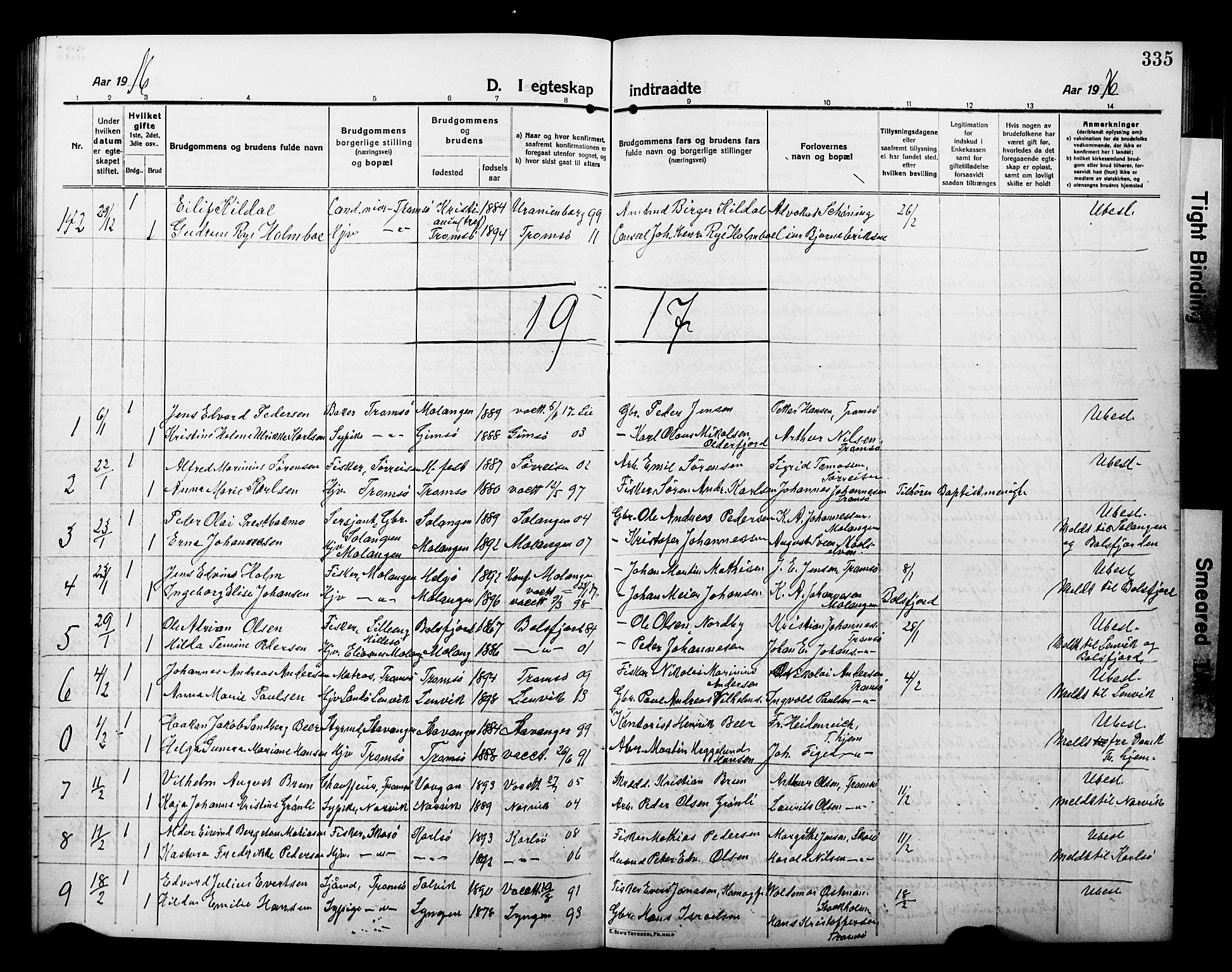 Tromsø sokneprestkontor/stiftsprosti/domprosti, SATØ/S-1343/G/Gb/L0009klokker: Parish register (copy) no. 9, 1915-1925, p. 335