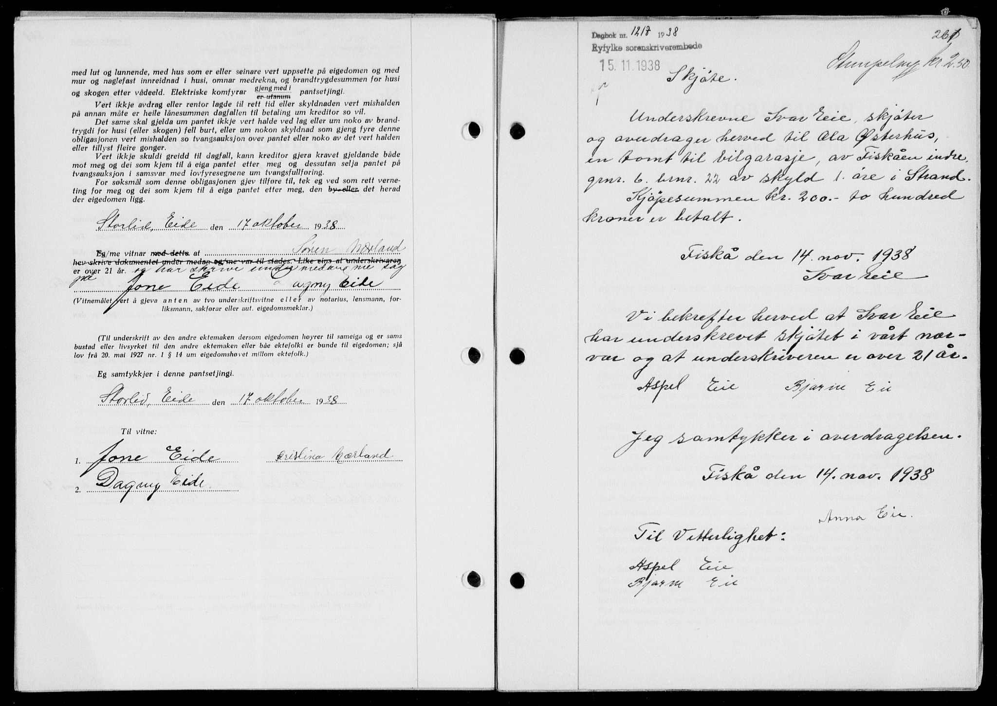 Ryfylke tingrett, SAST/A-100055/001/II/IIB/L0078: Mortgage book no. 57, 1938-1938, Diary no: : 1217/1938