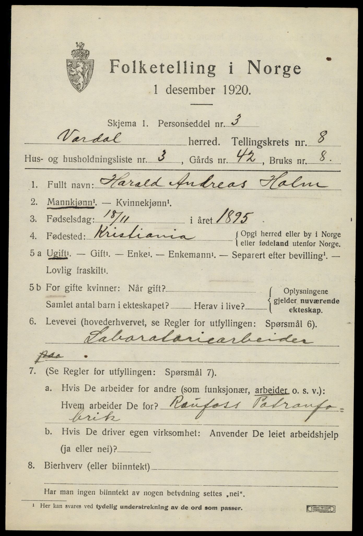 SAH, 1920 census for Vardal, 1920, p. 5741