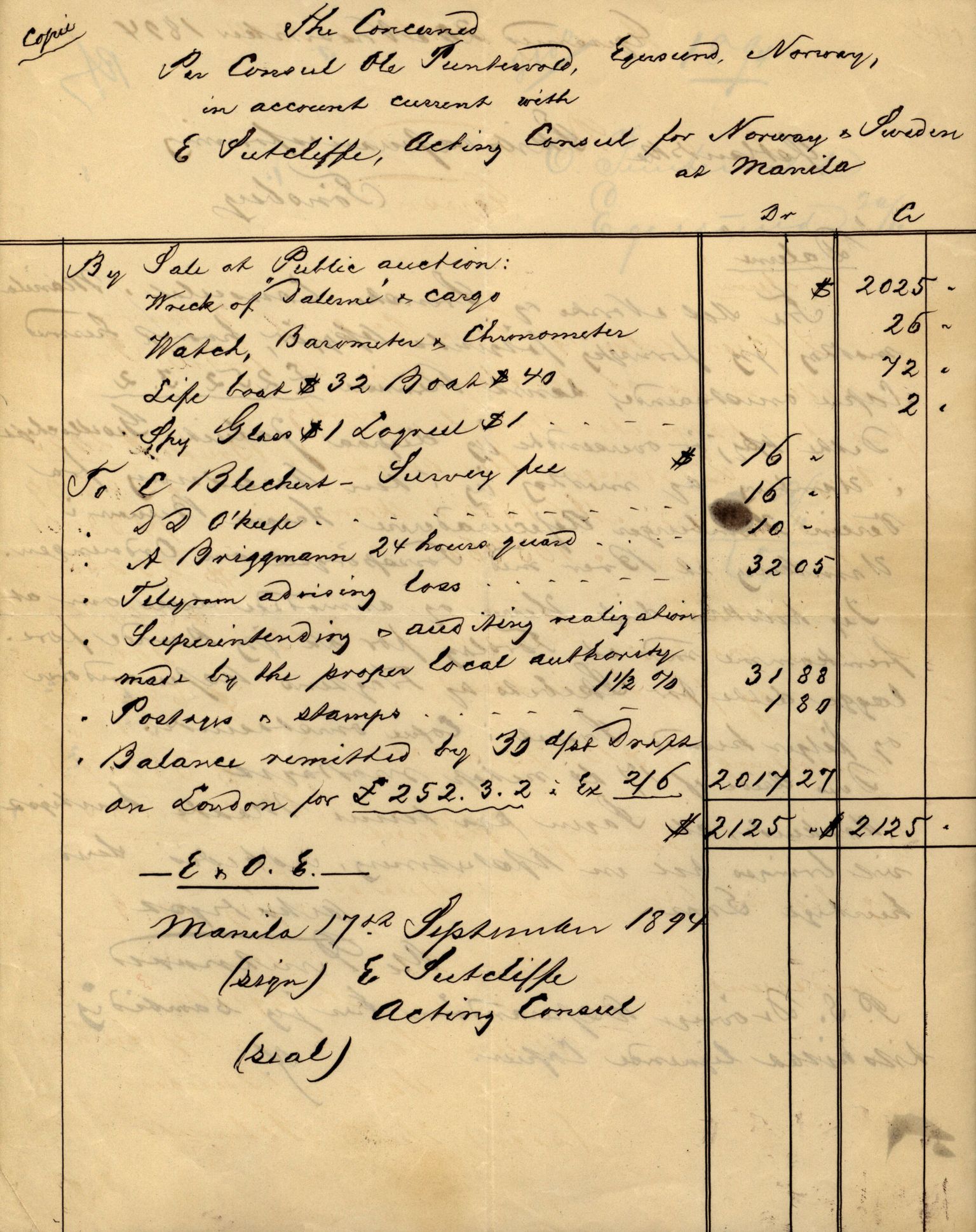 Pa 63 - Østlandske skibsassuranceforening, VEMU/A-1079/G/Ga/L0030/0008: Havaridokumenter / Skjoldmoen, Dalerne, Union, 1894, p. 143