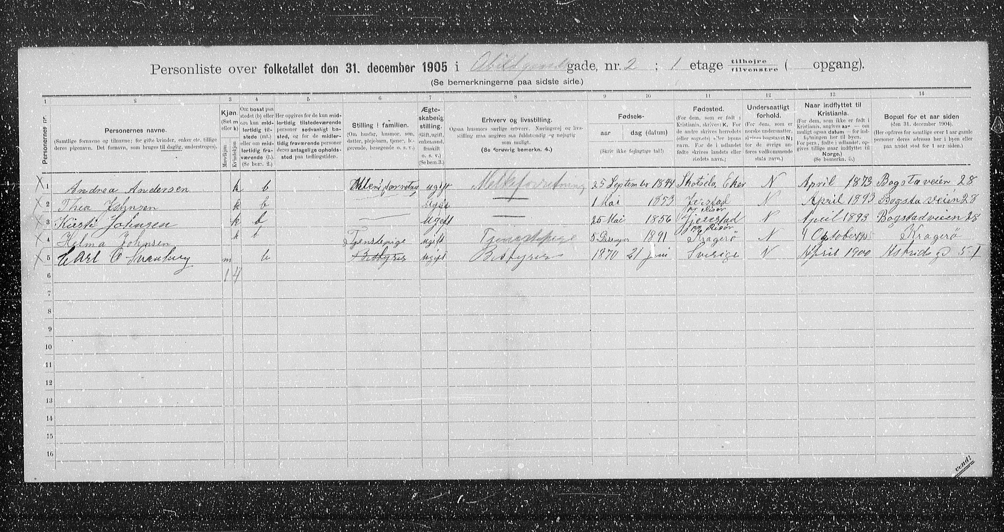 OBA, Municipal Census 1905 for Kristiania, 1905, p. 4