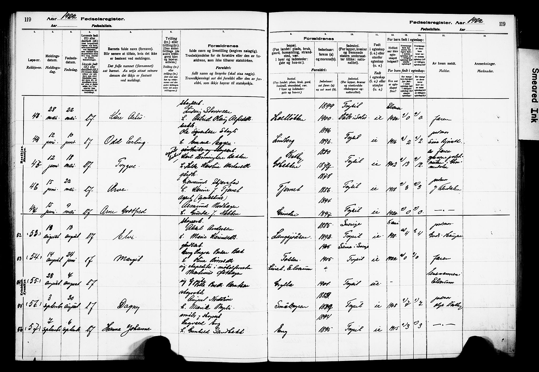 Trysil prestekontor, AV/SAH-PREST-046/I/Id/Ida/L0001: Birth register no. I 1, 1916-1927, p. 119