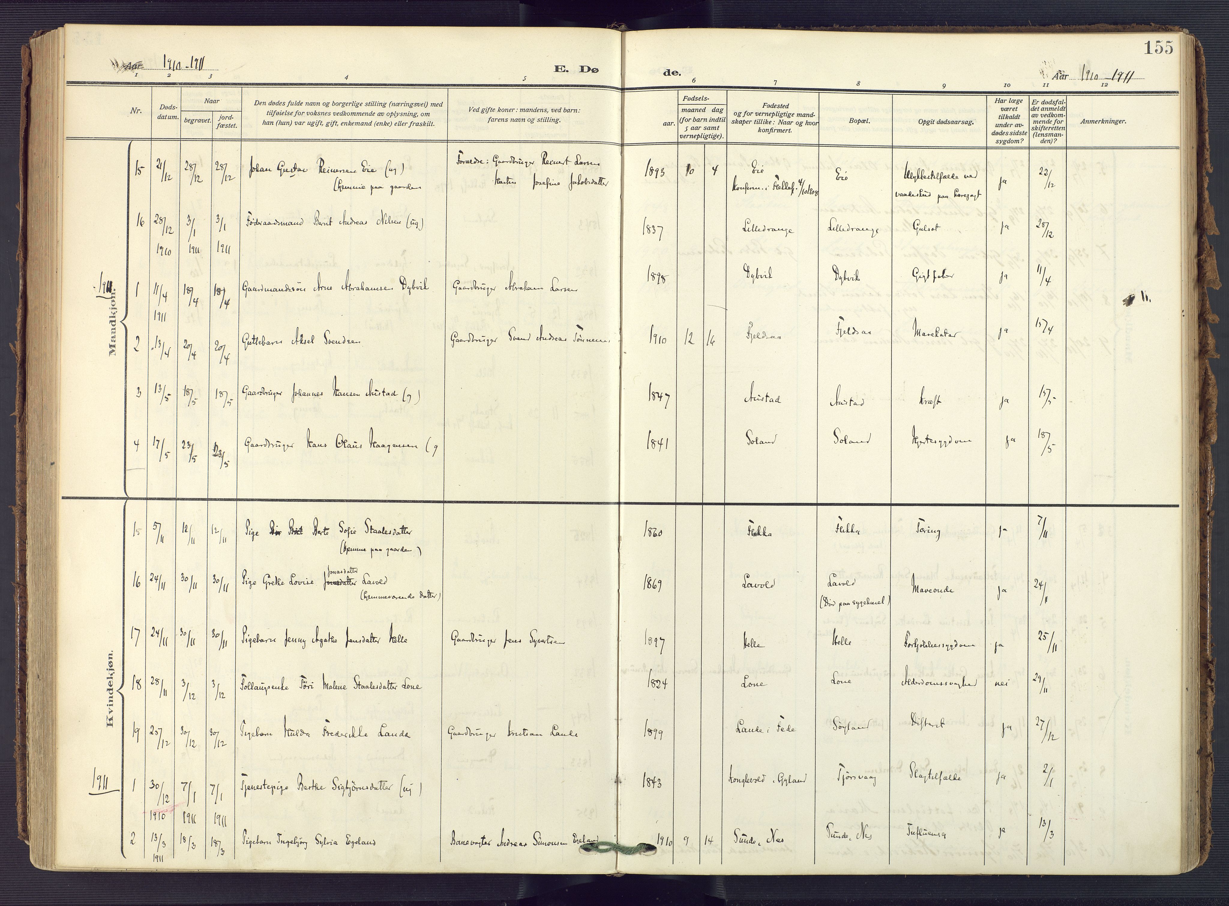 Flekkefjord sokneprestkontor, SAK/1111-0012/F/Fa/Fac/L0010: Parish register (official) no. A 10, 1910-1927, p. 155