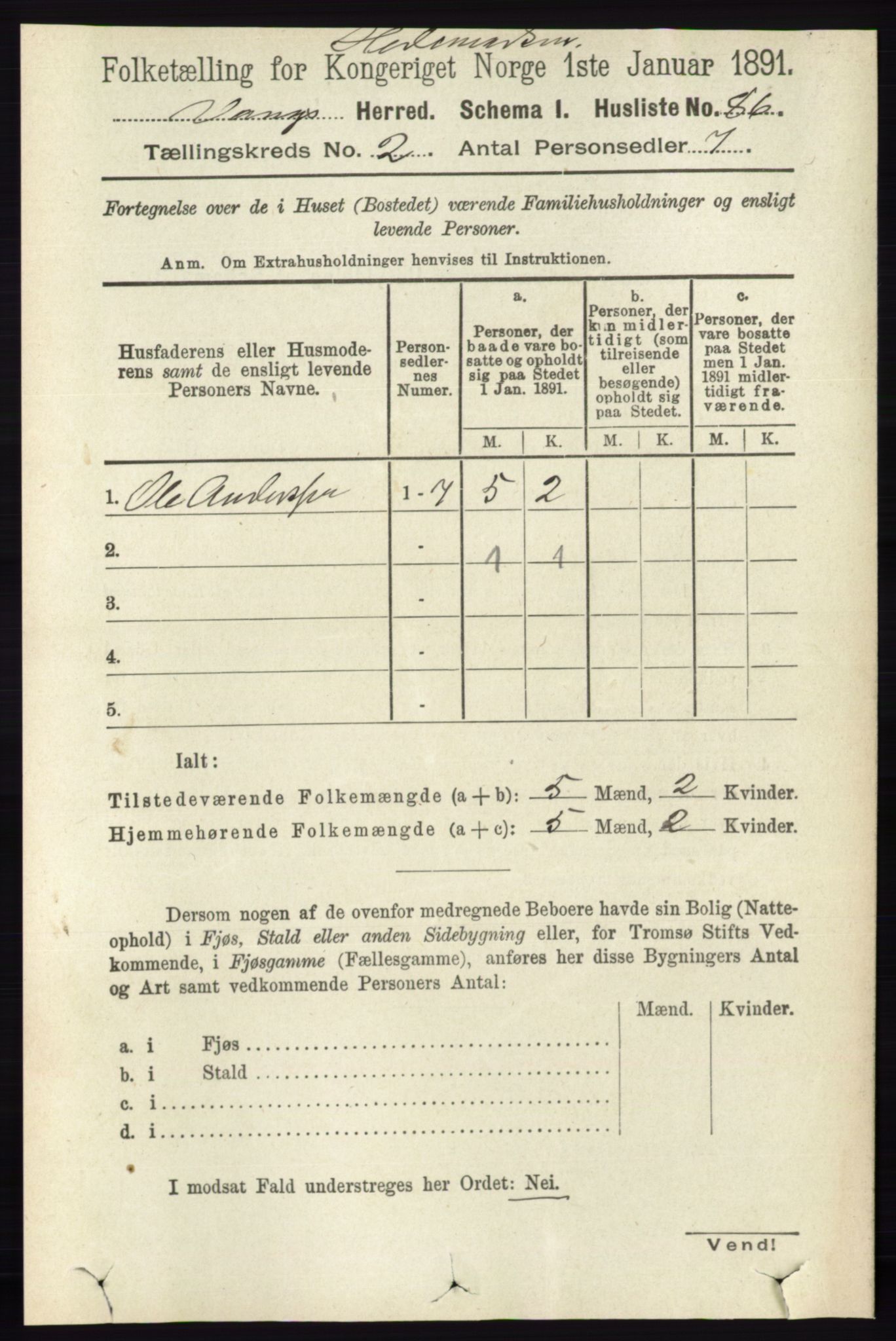 RA, 1891 census for 0414 Vang, 1891, p. 1017