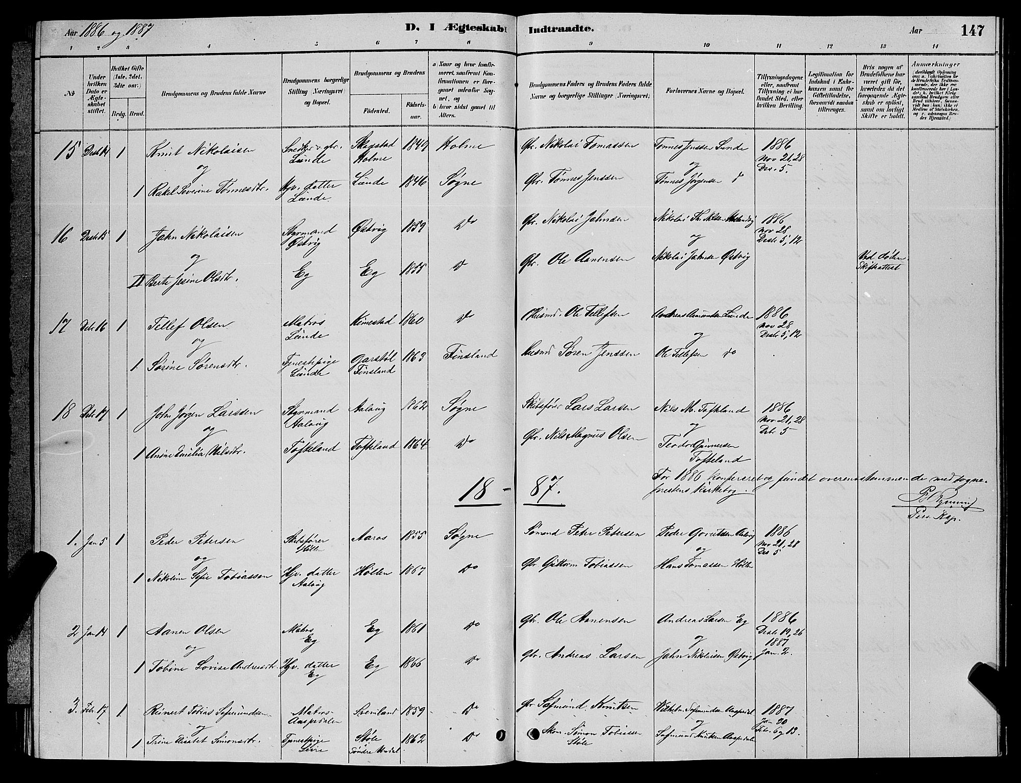 Søgne sokneprestkontor, SAK/1111-0037/F/Fb/Fbb/L0005: Parish register (copy) no. B 5, 1884-1891, p. 147