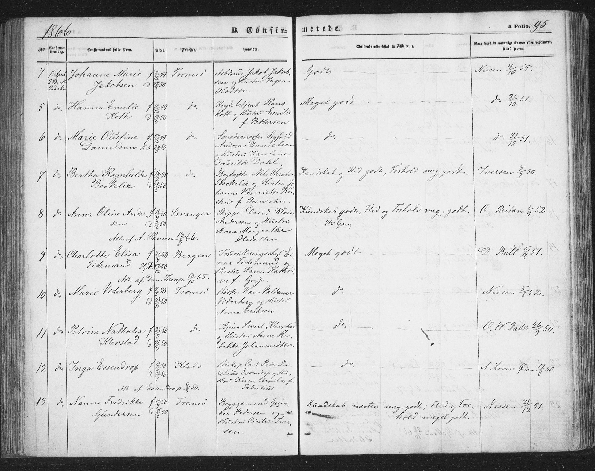 Tromsø sokneprestkontor/stiftsprosti/domprosti, AV/SATØ-S-1343/G/Ga/L0012kirke: Parish register (official) no. 12, 1865-1871, p. 95