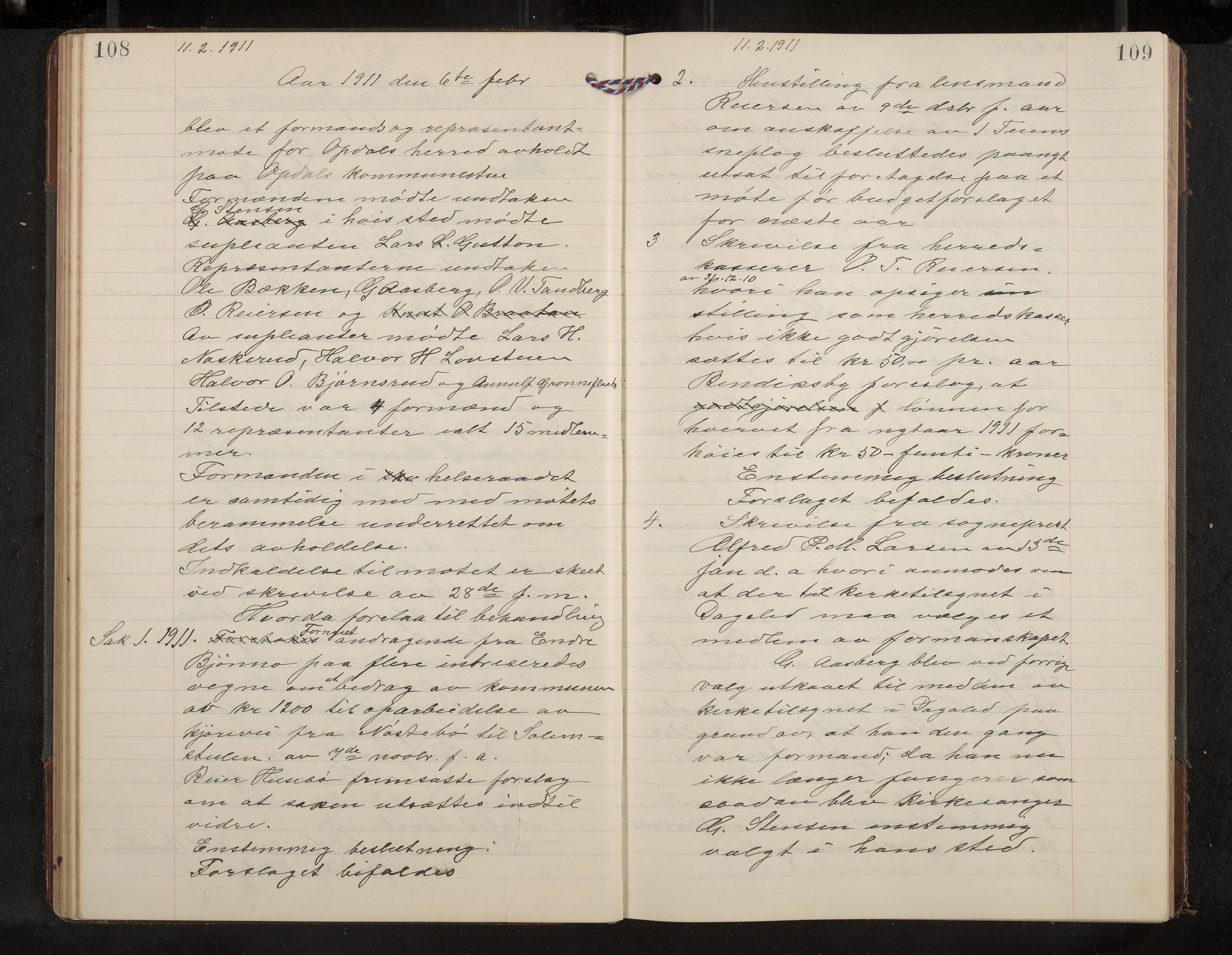 Uvdal formannskap og sentraladministrasjon, IKAK/0634021/A/Aa/L0002: Møtebok, 1909-1915, p. 108-109
