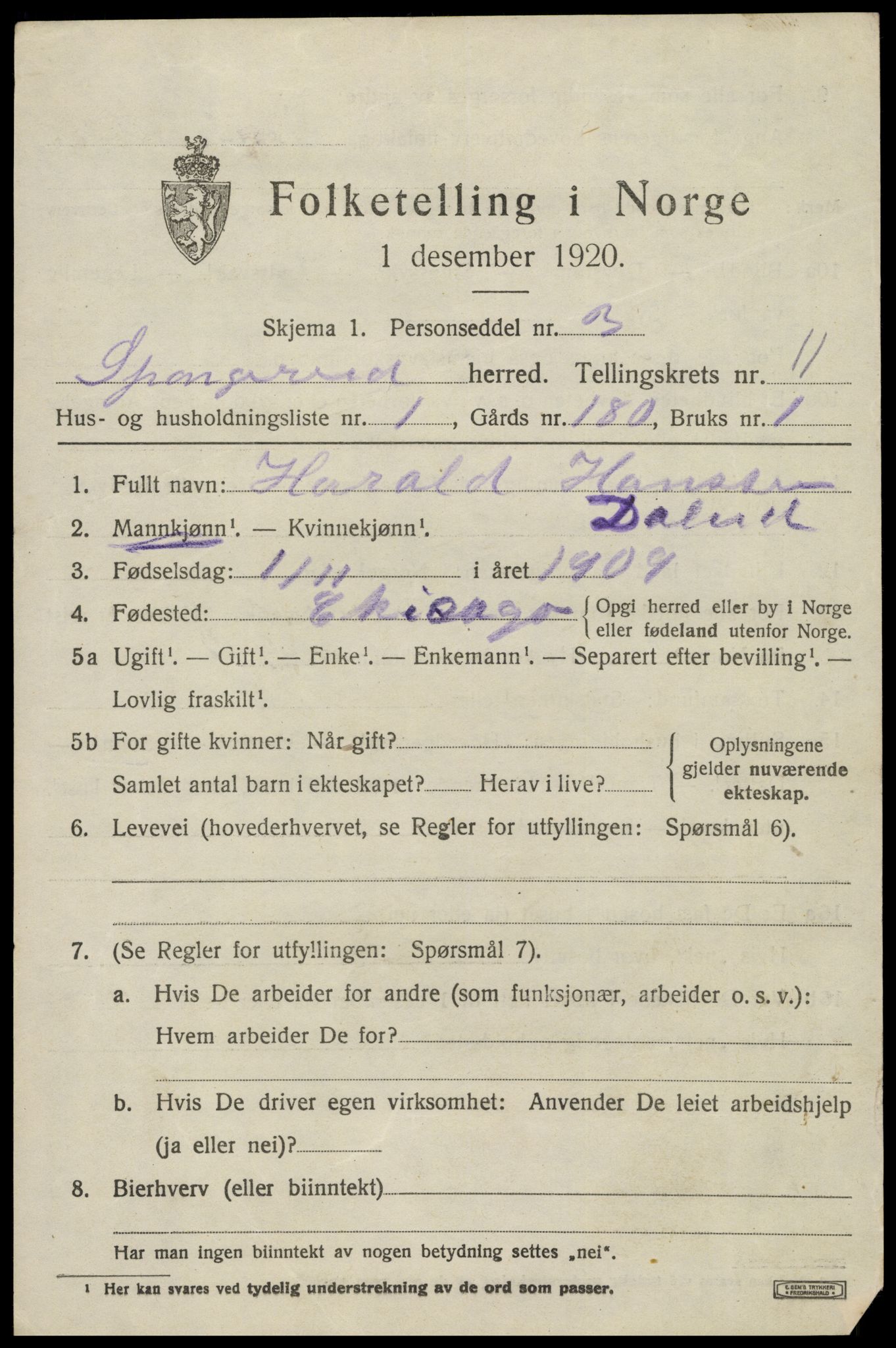 SAK, 1920 census for Spangereid, 1920, p. 3653