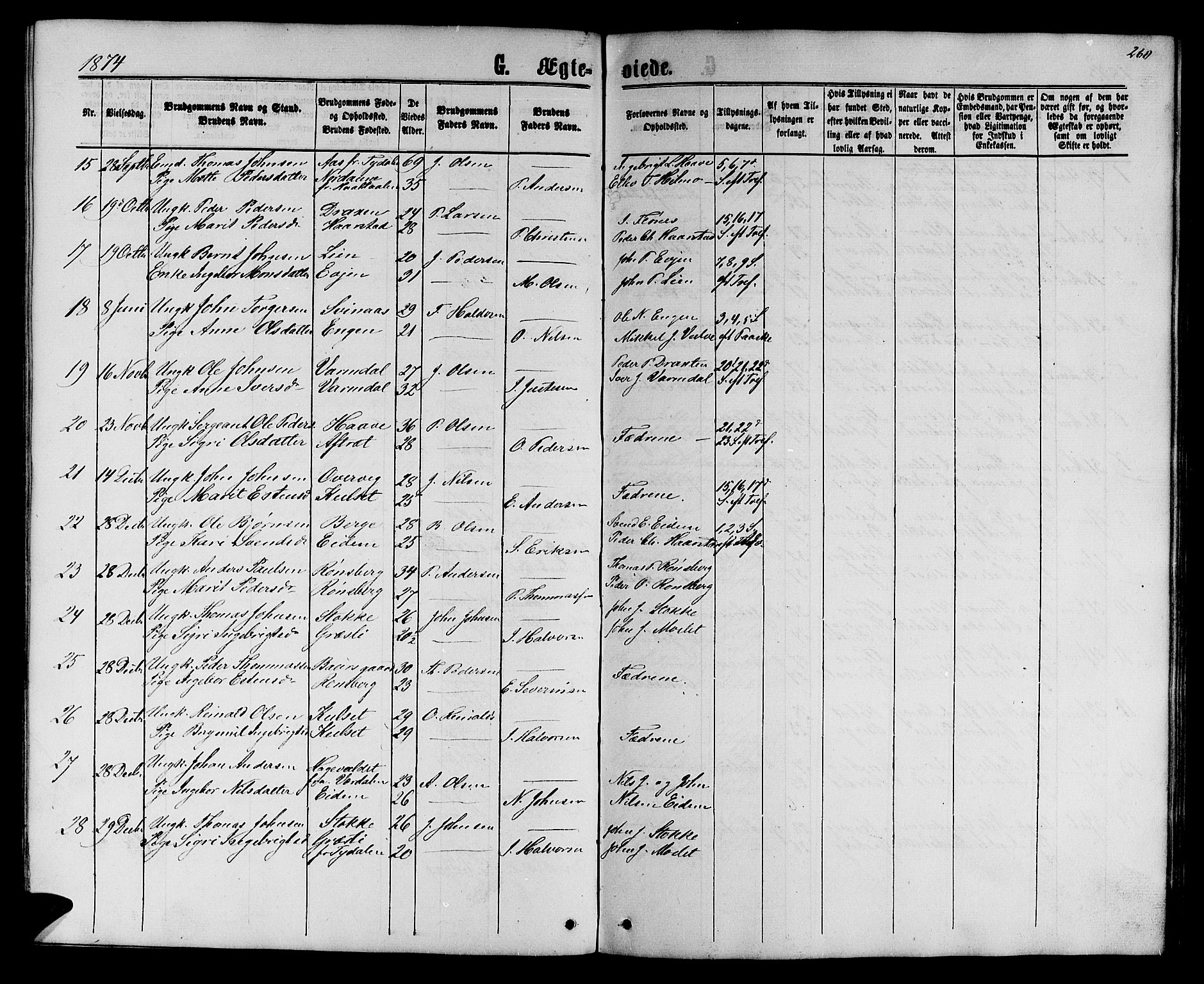 Ministerialprotokoller, klokkerbøker og fødselsregistre - Sør-Trøndelag, SAT/A-1456/695/L1156: Parish register (copy) no. 695C07, 1869-1888, p. 260