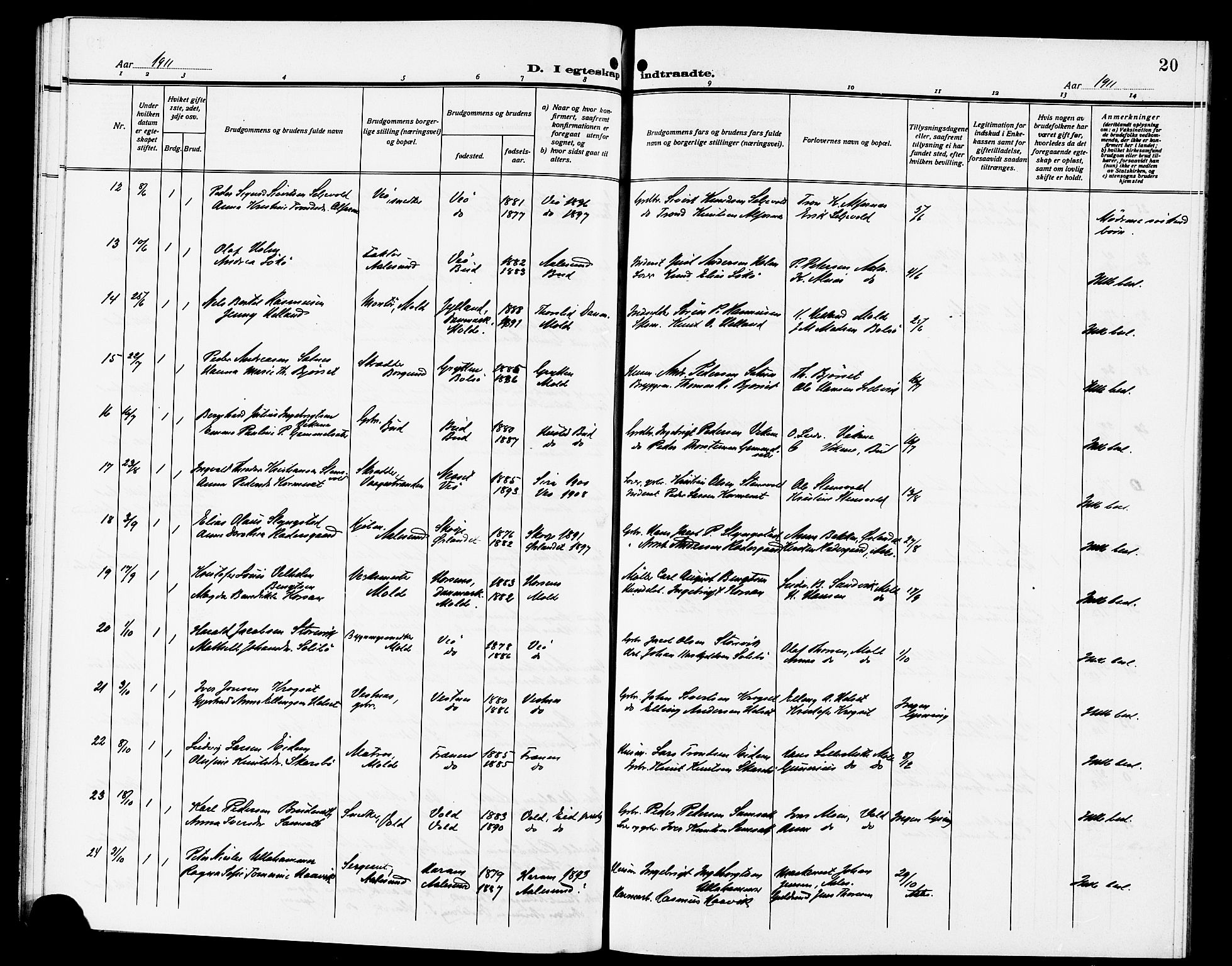 Ministerialprotokoller, klokkerbøker og fødselsregistre - Møre og Romsdal, AV/SAT-A-1454/558/L0703: Parish register (copy) no. 558C04, 1906-1921, p. 20