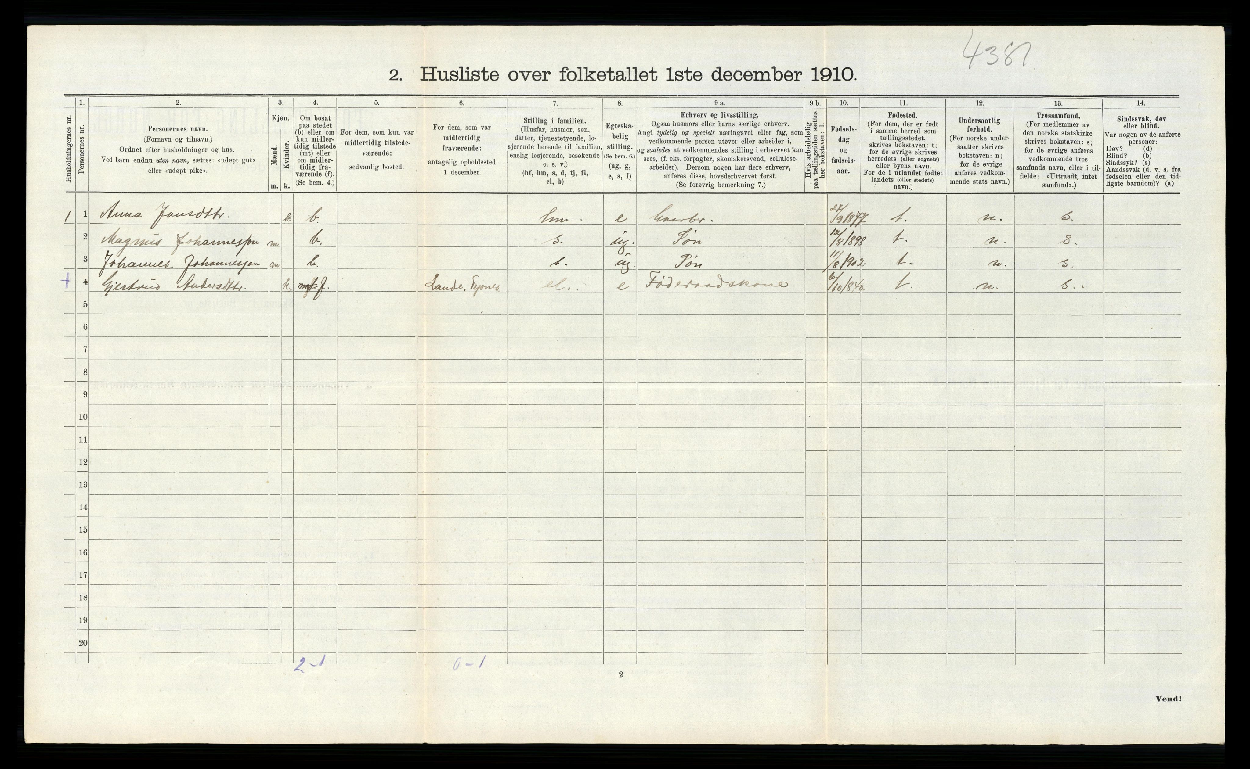 RA, 1910 census for Tysnes, 1910, p. 1033