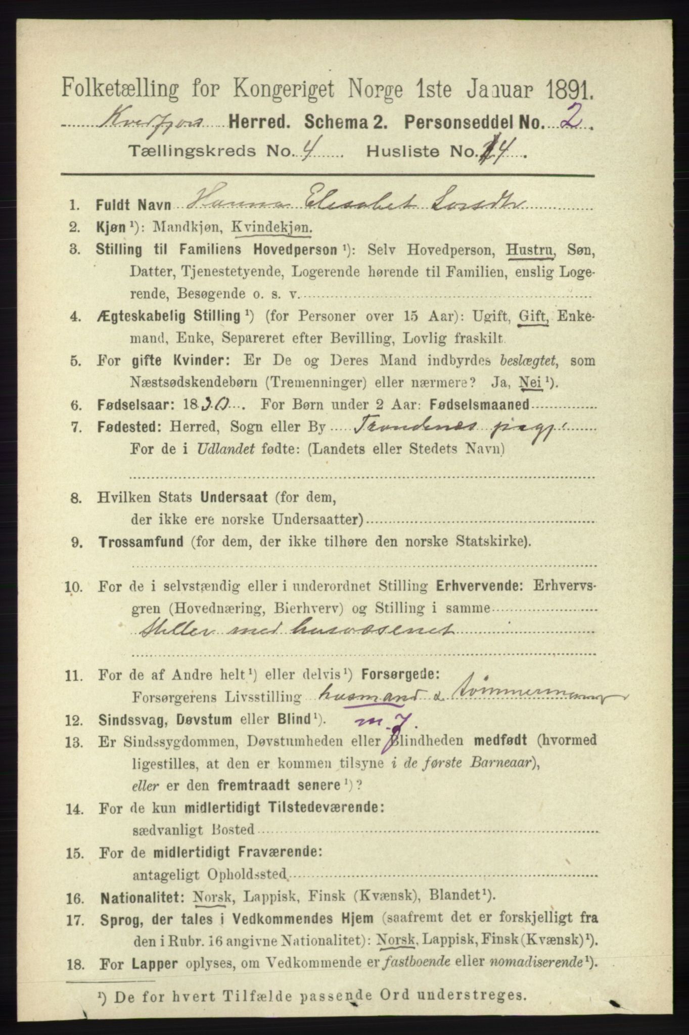 RA, 1891 census for 1911 Kvæfjord, 1891, p. 1977