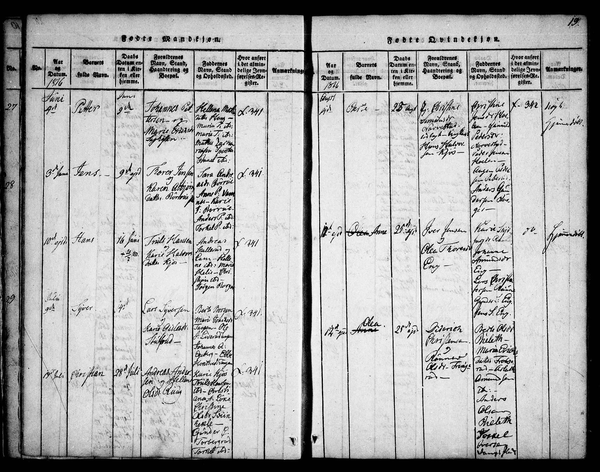 Skiptvet prestekontor Kirkebøker, SAO/A-20009/F/Fa/L0005: Parish register (official) no. 5, 1814-1838, p. 19