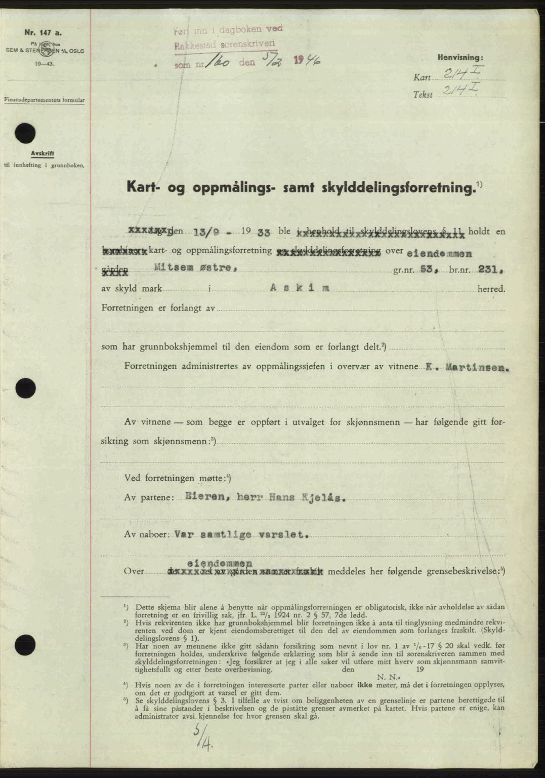 Rakkestad sorenskriveri, AV/SAO-A-10686/G/Gb/Gba/Gbab/L0012a: Mortgage book no. A12 I, 1945-1946, Diary no: : 160/1946