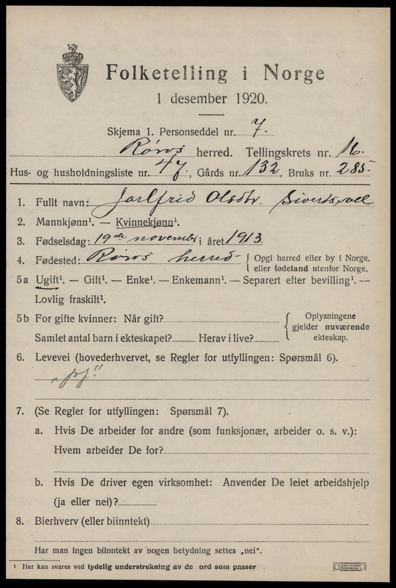 SAT, 1920 census for Røros, 1920, p. 11574