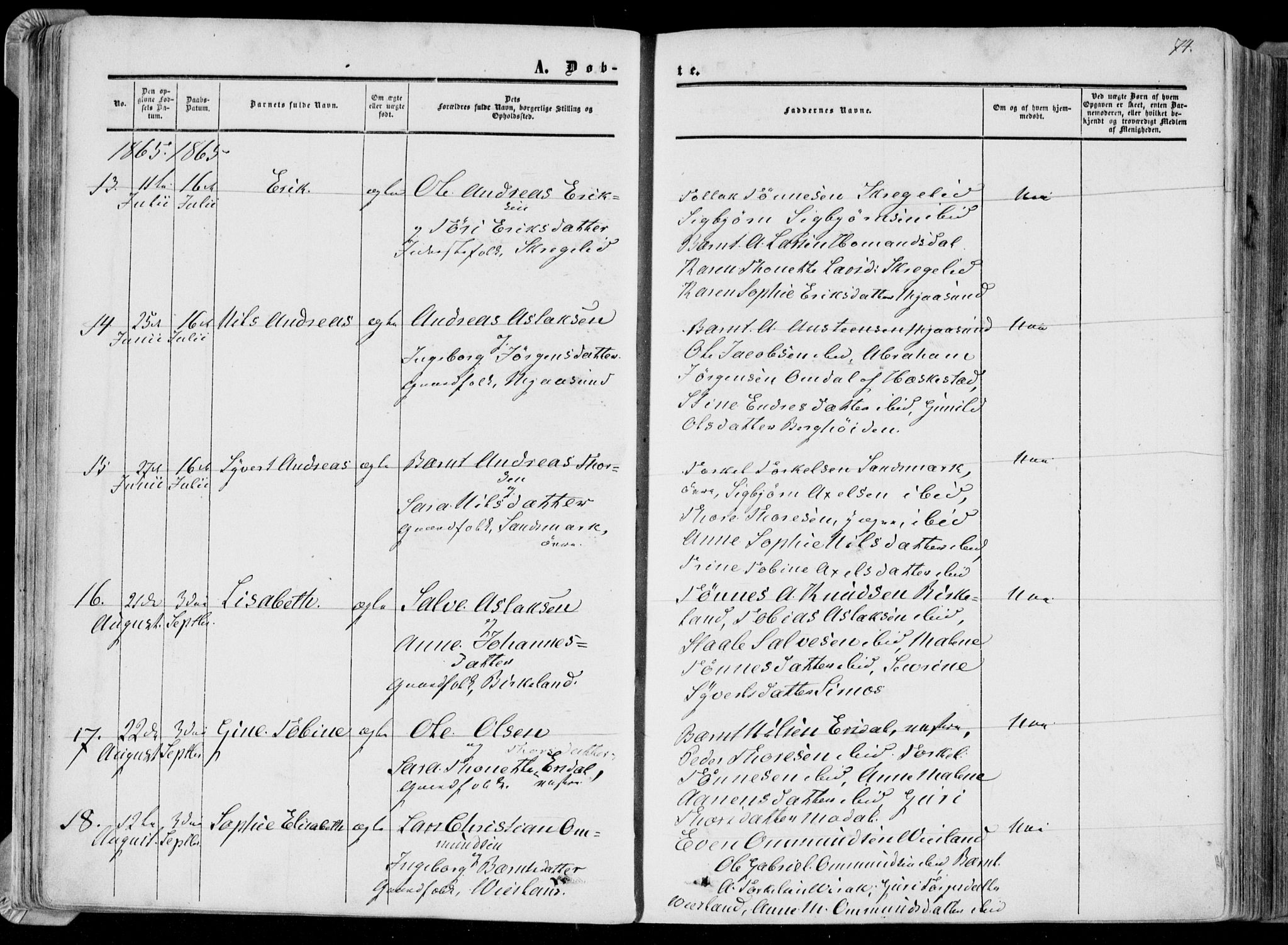 Bakke sokneprestkontor, AV/SAK-1111-0002/F/Fa/Faa/L0006: Parish register (official) no. A 6, 1855-1877, p. 74