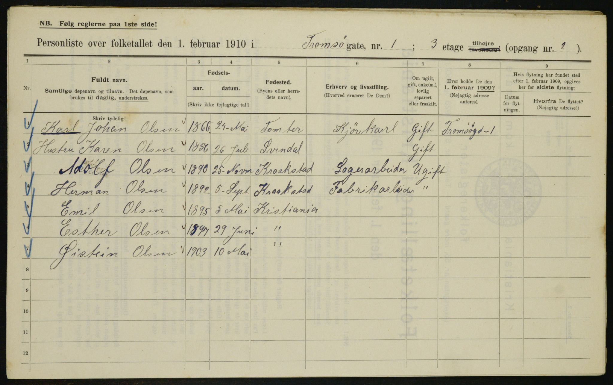 OBA, Municipal Census 1910 for Kristiania, 1910, p. 109724