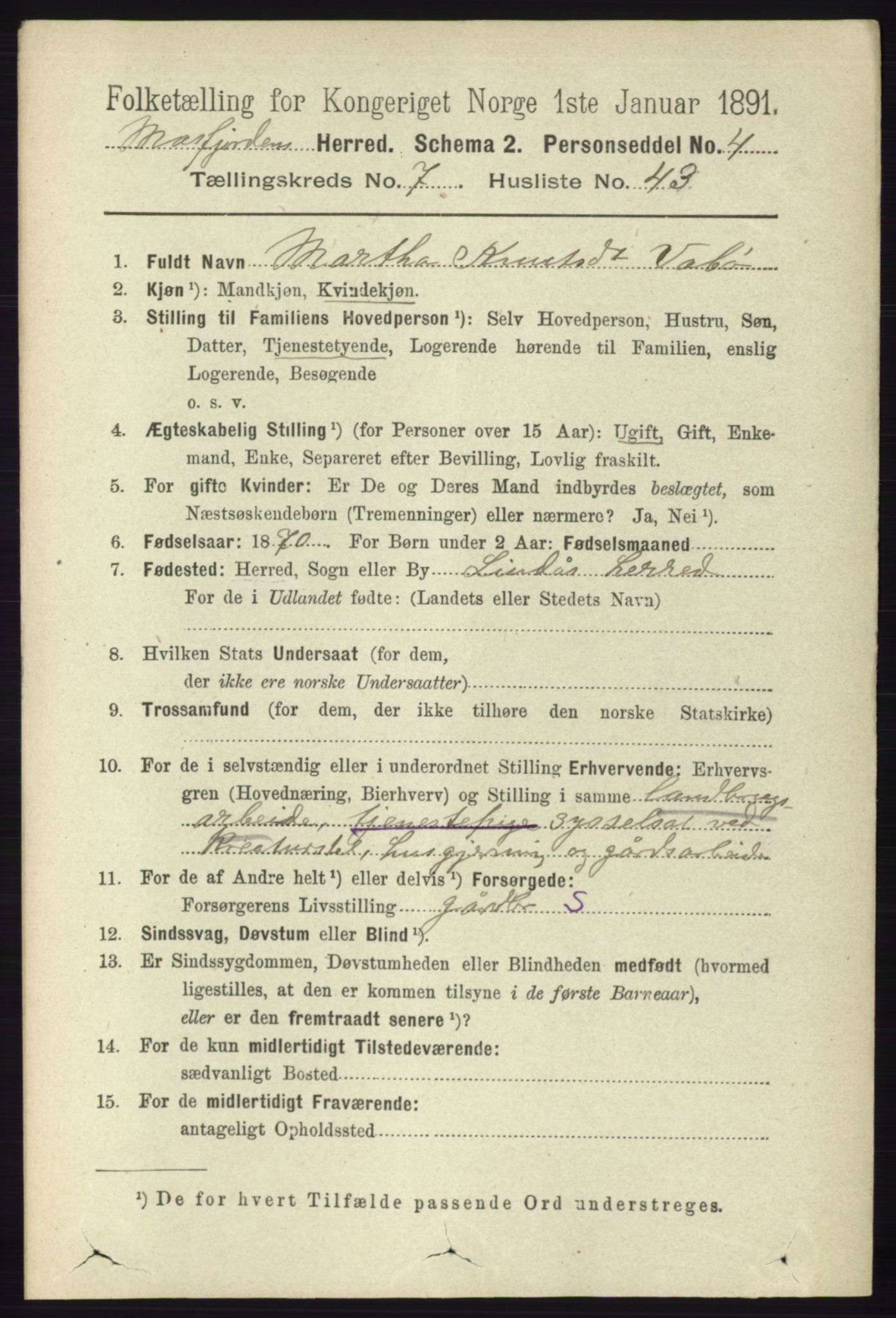 RA, 1891 census for 1266 Masfjorden, 1891, p. 1496