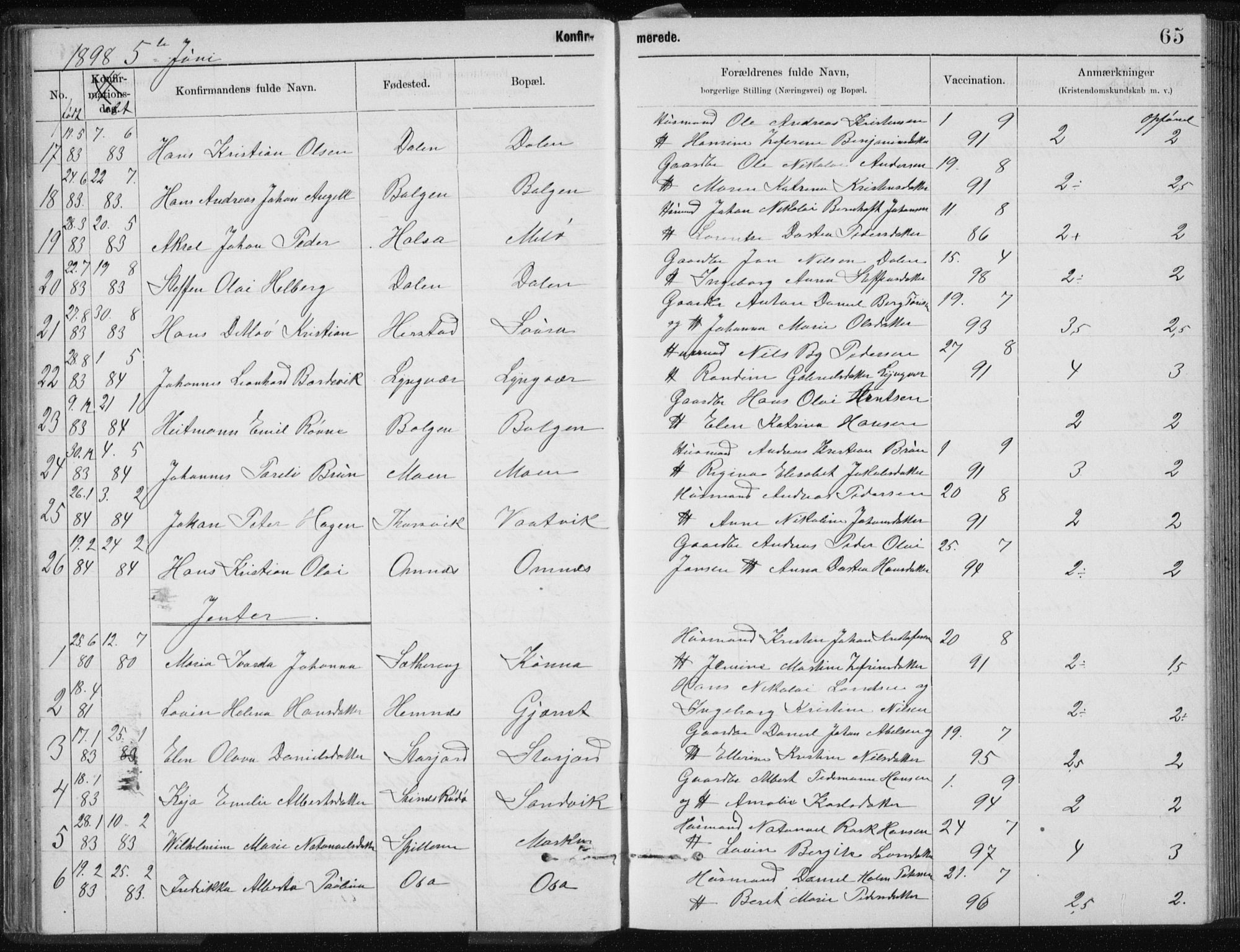 Ministerialprotokoller, klokkerbøker og fødselsregistre - Nordland, SAT/A-1459/843/L0637: Parish register (copy) no. 843C06, 1884-1908, p. 65