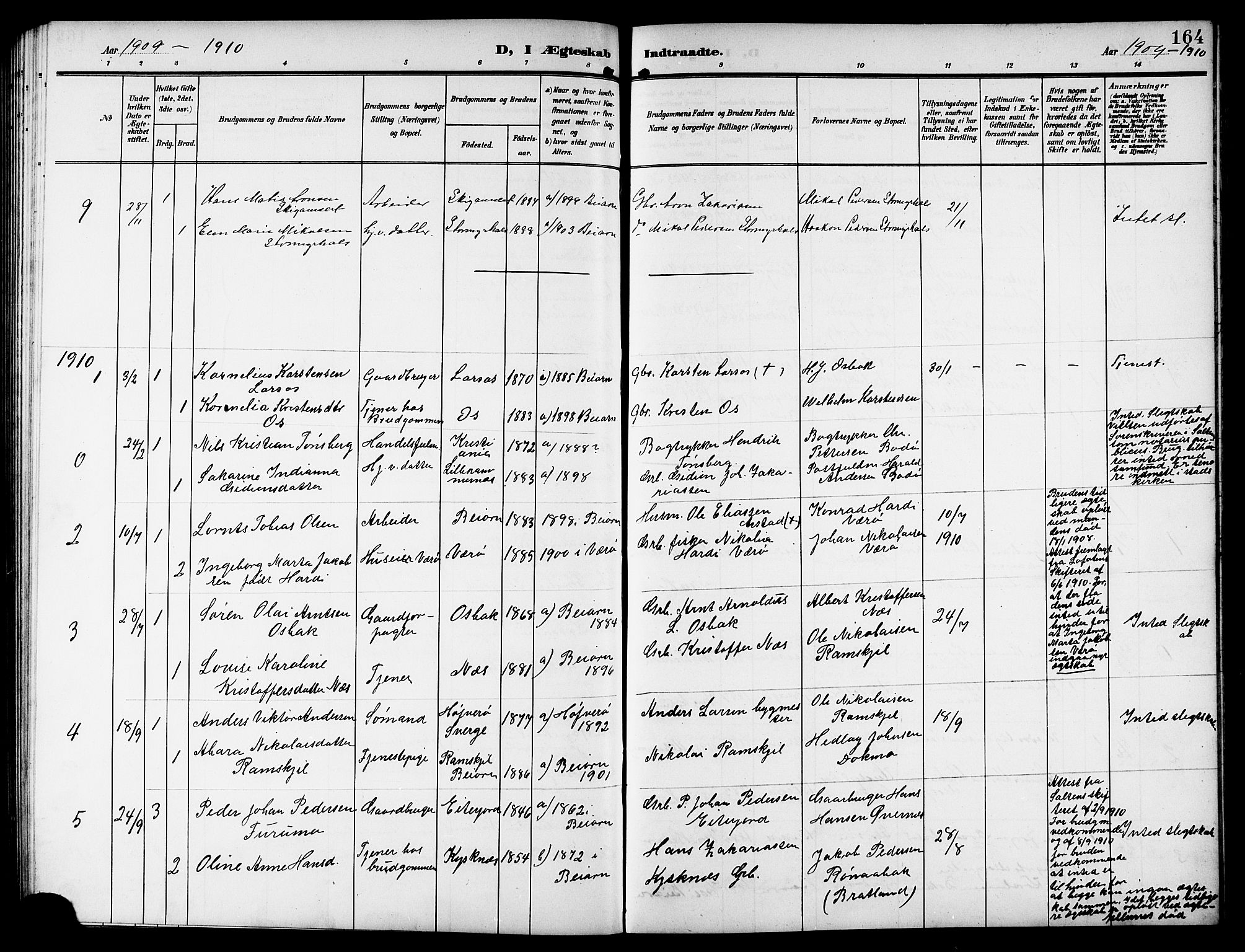 Ministerialprotokoller, klokkerbøker og fødselsregistre - Nordland, SAT/A-1459/846/L0655: Parish register (copy) no. 846C05, 1902-1916, p. 164