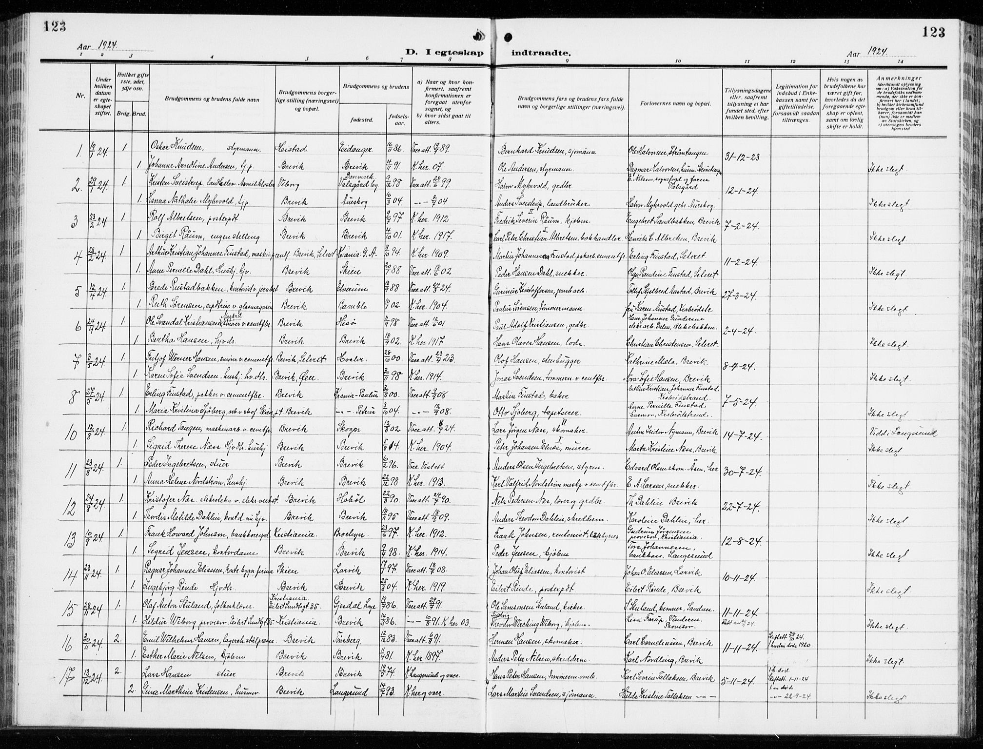 Brevik kirkebøker, SAKO/A-255/G/Ga/L0006: Parish register (copy) no. 6, 1922-1940, p. 123