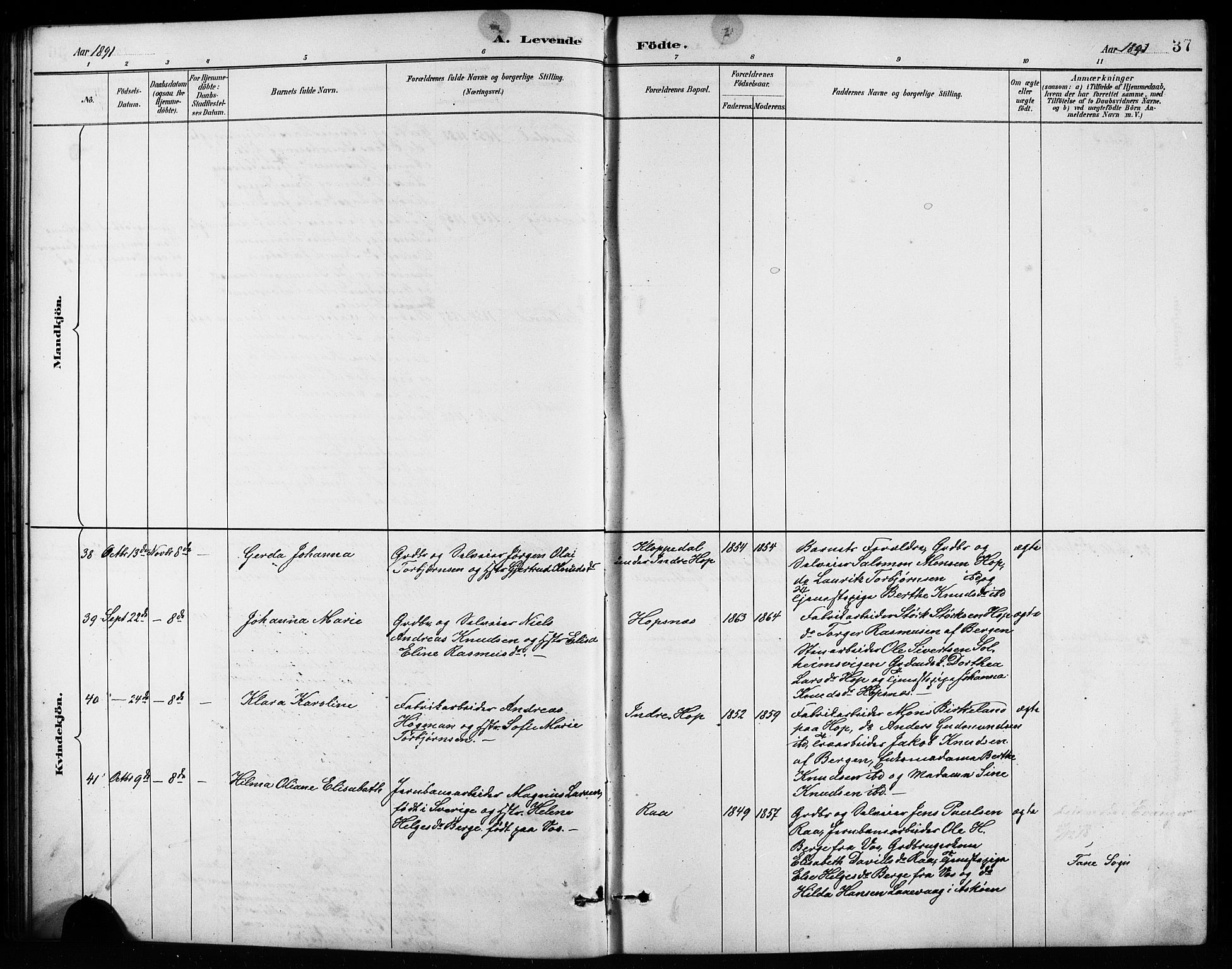 Birkeland Sokneprestembete, SAB/A-74601/H/Hab: Parish register (copy) no. A 4, 1888-1897, p. 37