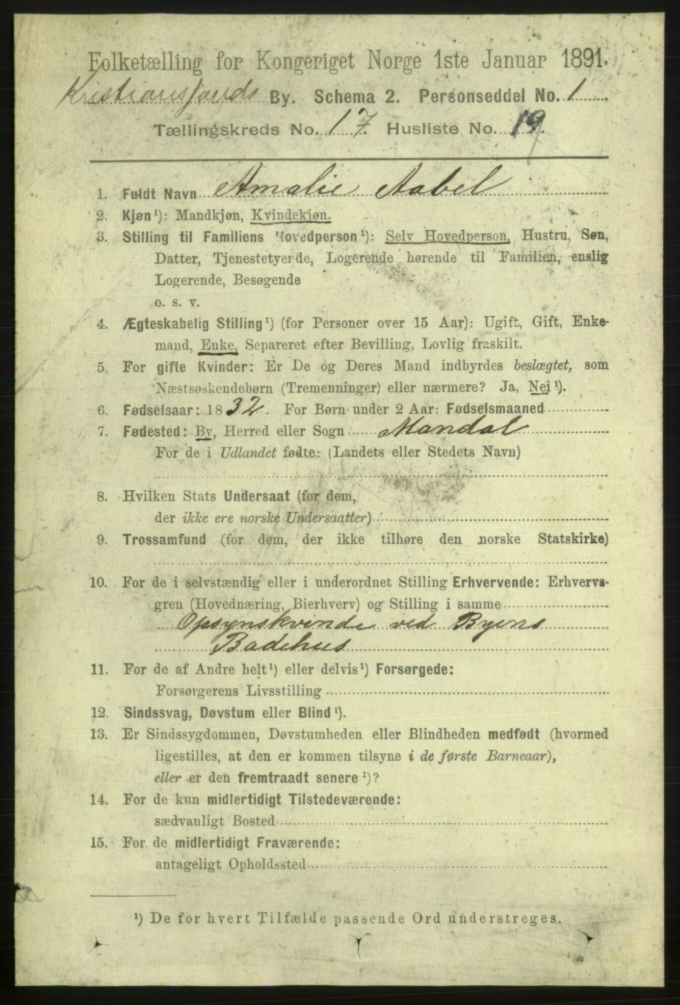 RA, 1891 census for 1001 Kristiansand, 1891, p. 6895