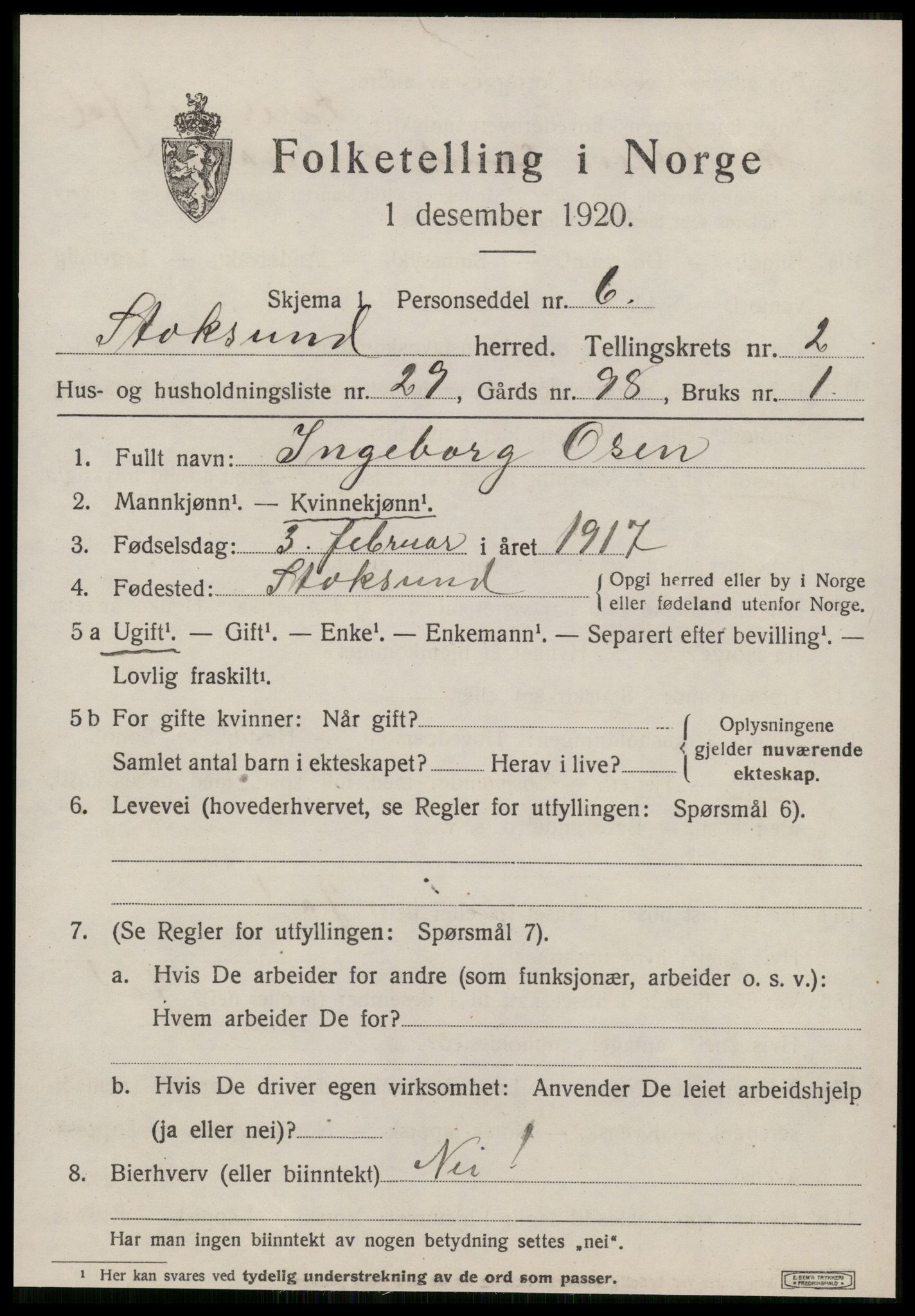 SAT, 1920 census for Stoksund, 1920, p. 1458