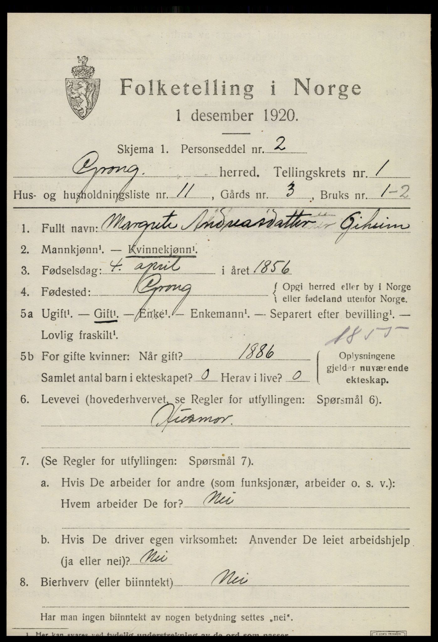 SAT, 1920 census for Grong, 1920, p. 1161