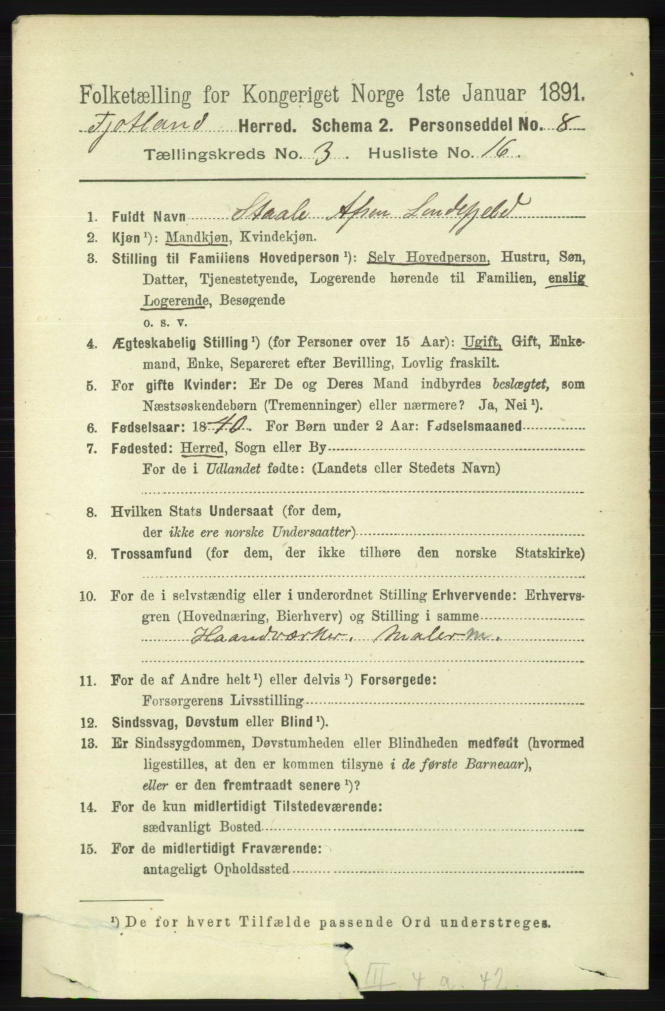 RA, 1891 census for 1036 Fjotland, 1891, p. 495