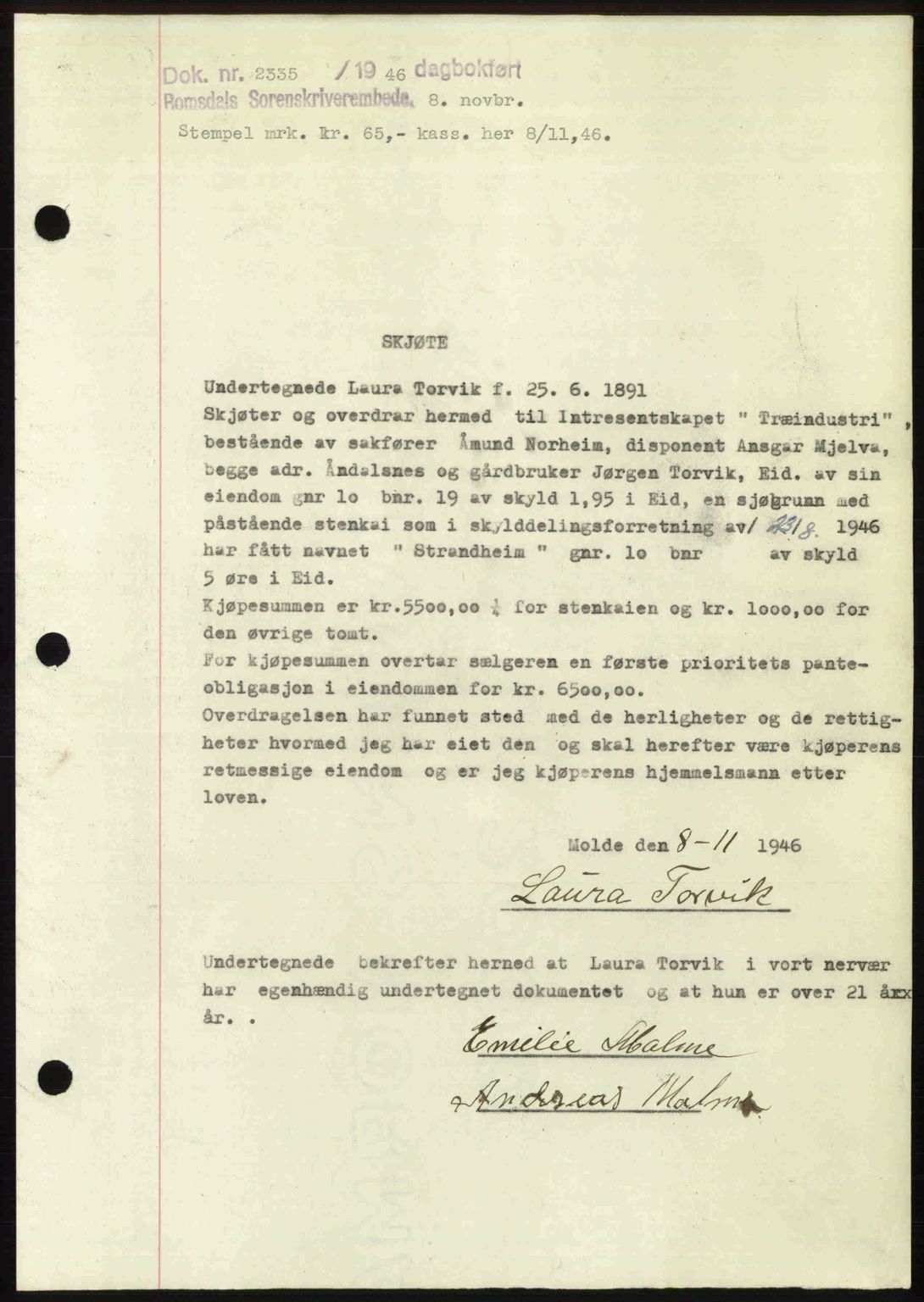 Romsdal sorenskriveri, AV/SAT-A-4149/1/2/2C: Mortgage book no. A21, 1946-1946, Diary no: : 2335/1946