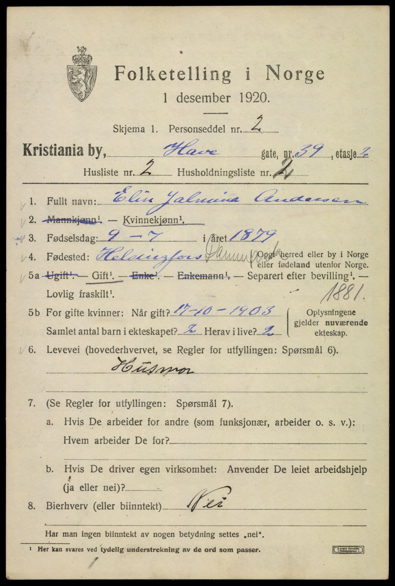 SAO, 1920 census for Kristiania, 1920, p. 275311