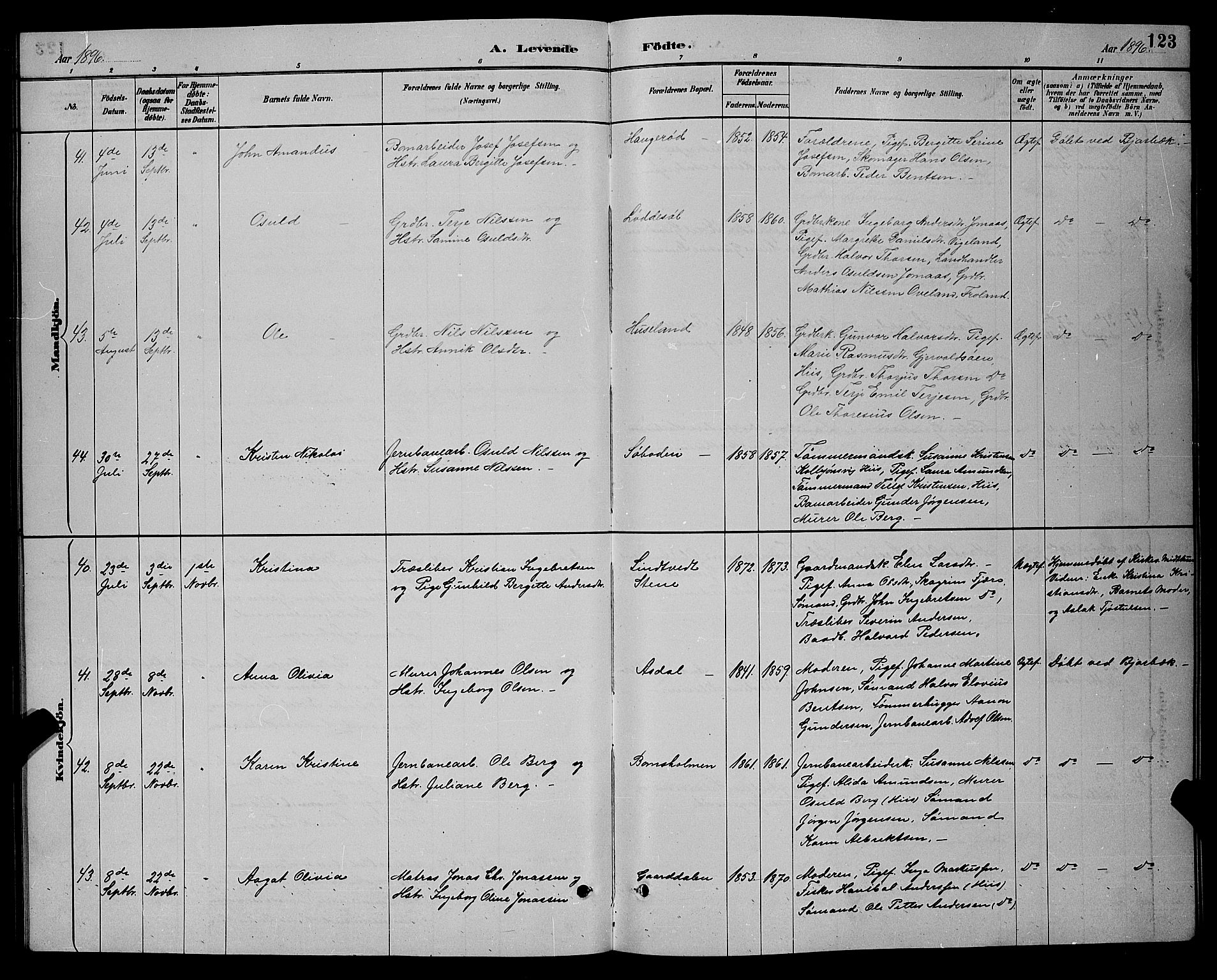 Øyestad sokneprestkontor, AV/SAK-1111-0049/F/Fb/L0009: Parish register (copy) no. B 9, 1886-1896, p. 123