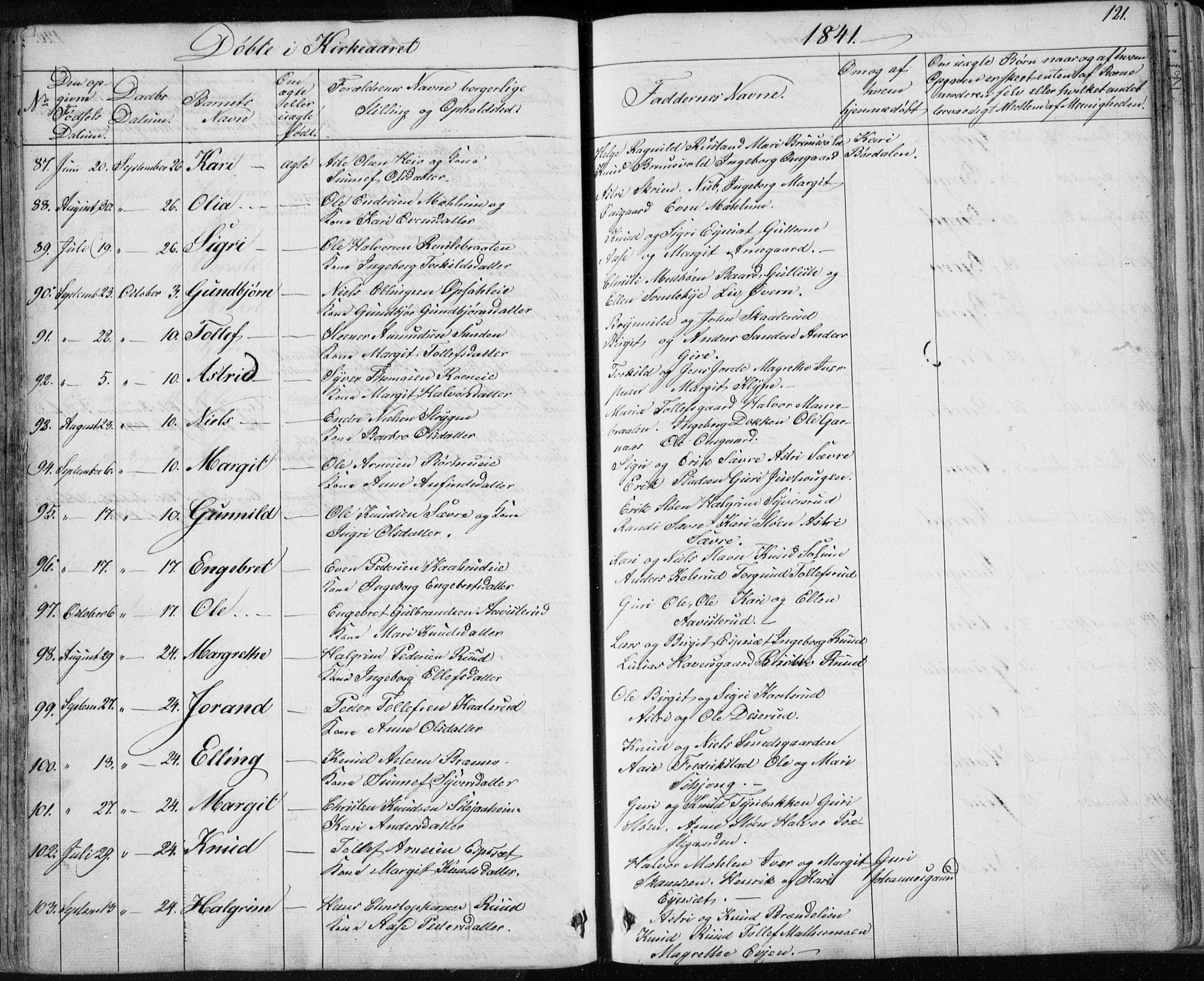 Nes kirkebøker, SAKO/A-236/F/Fa/L0009: Parish register (official) no. 9, 1834-1863, p. 121