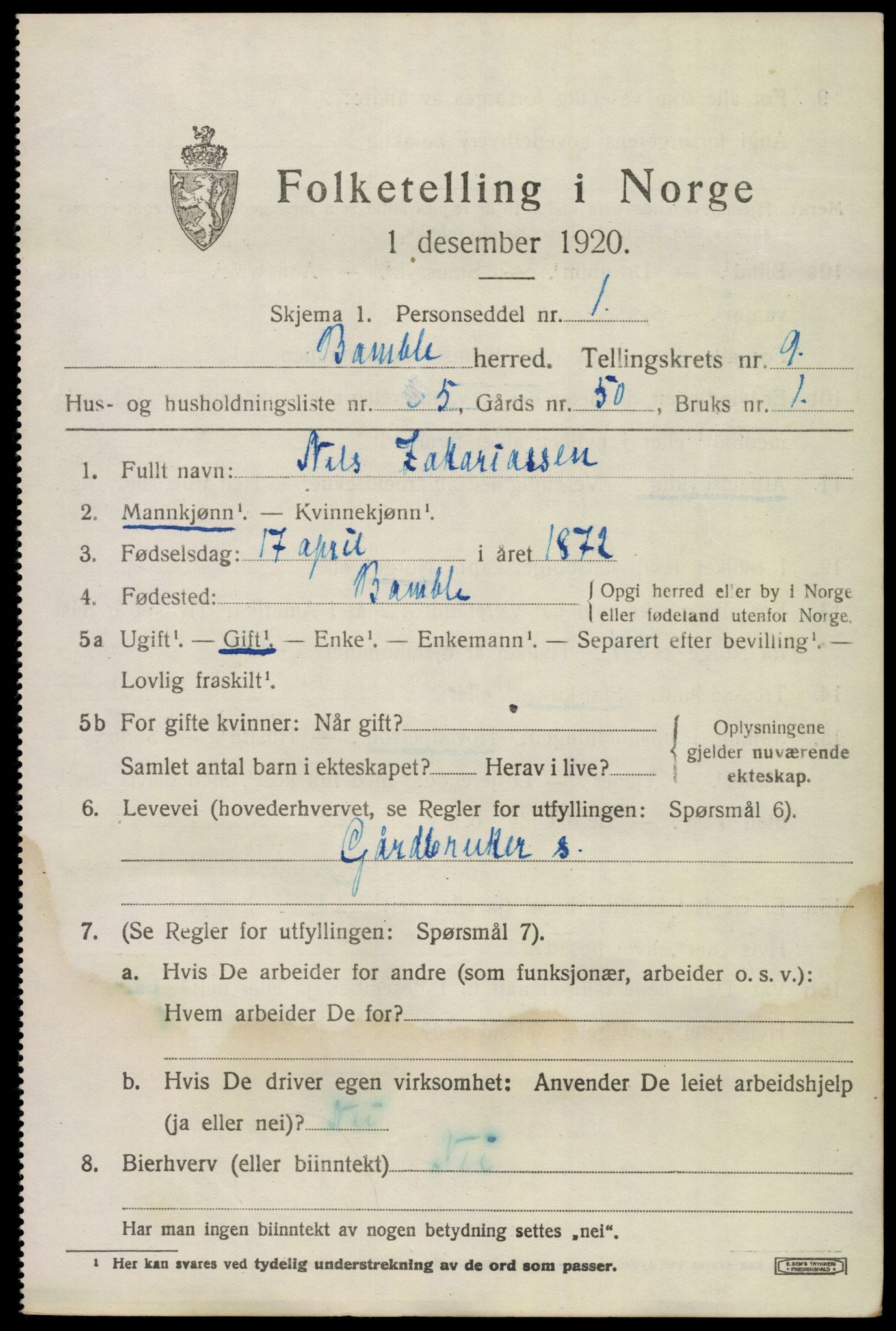 SAKO, 1920 census for Bamble, 1920, p. 7845