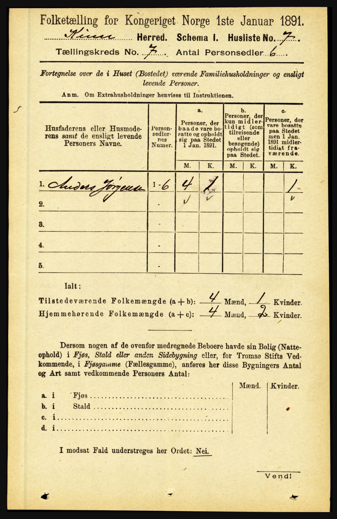 RA, 1891 census for 1437 Kinn, 1891, p. 2621