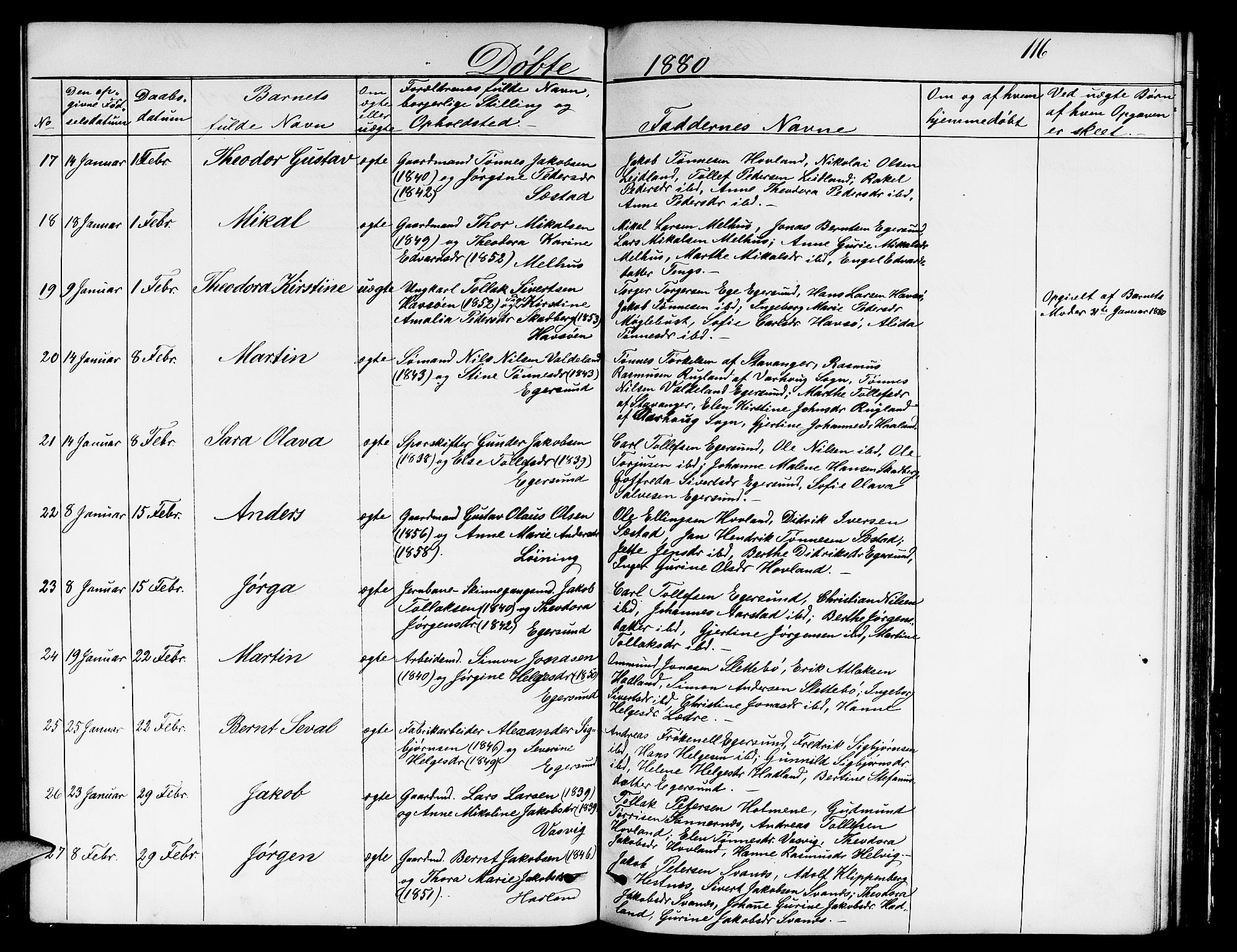 Eigersund sokneprestkontor, AV/SAST-A-101807/S09/L0005: Parish register (copy) no. B 5, 1872-1881, p. 116