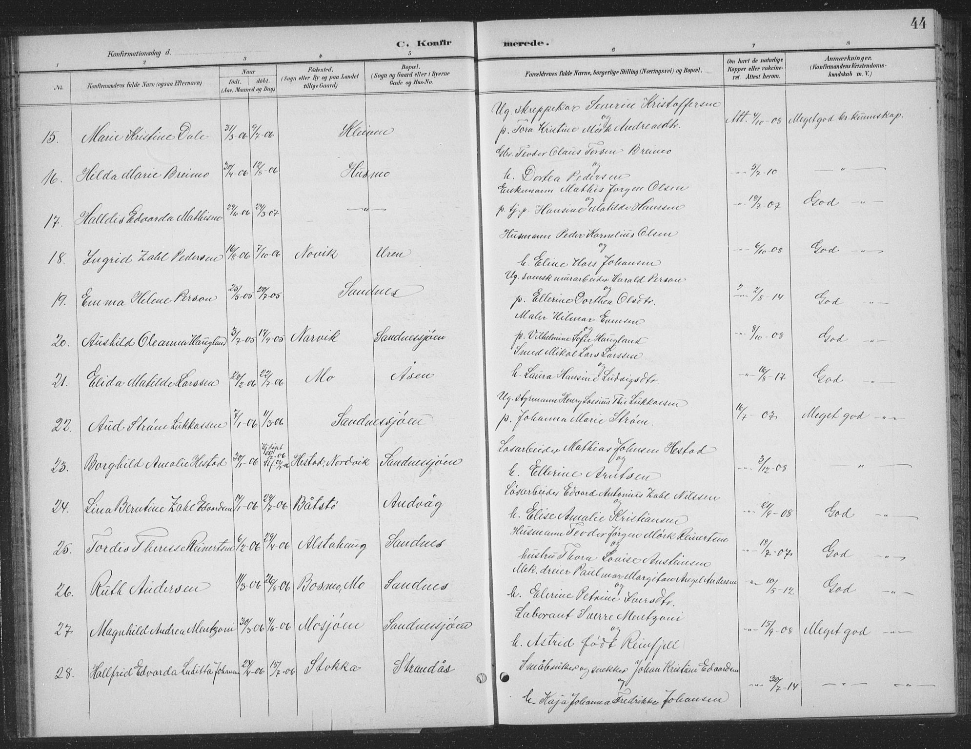 Ministerialprotokoller, klokkerbøker og fødselsregistre - Nordland, AV/SAT-A-1459/831/L0479: Parish register (copy) no. 831C06, 1897-1936, p. 44