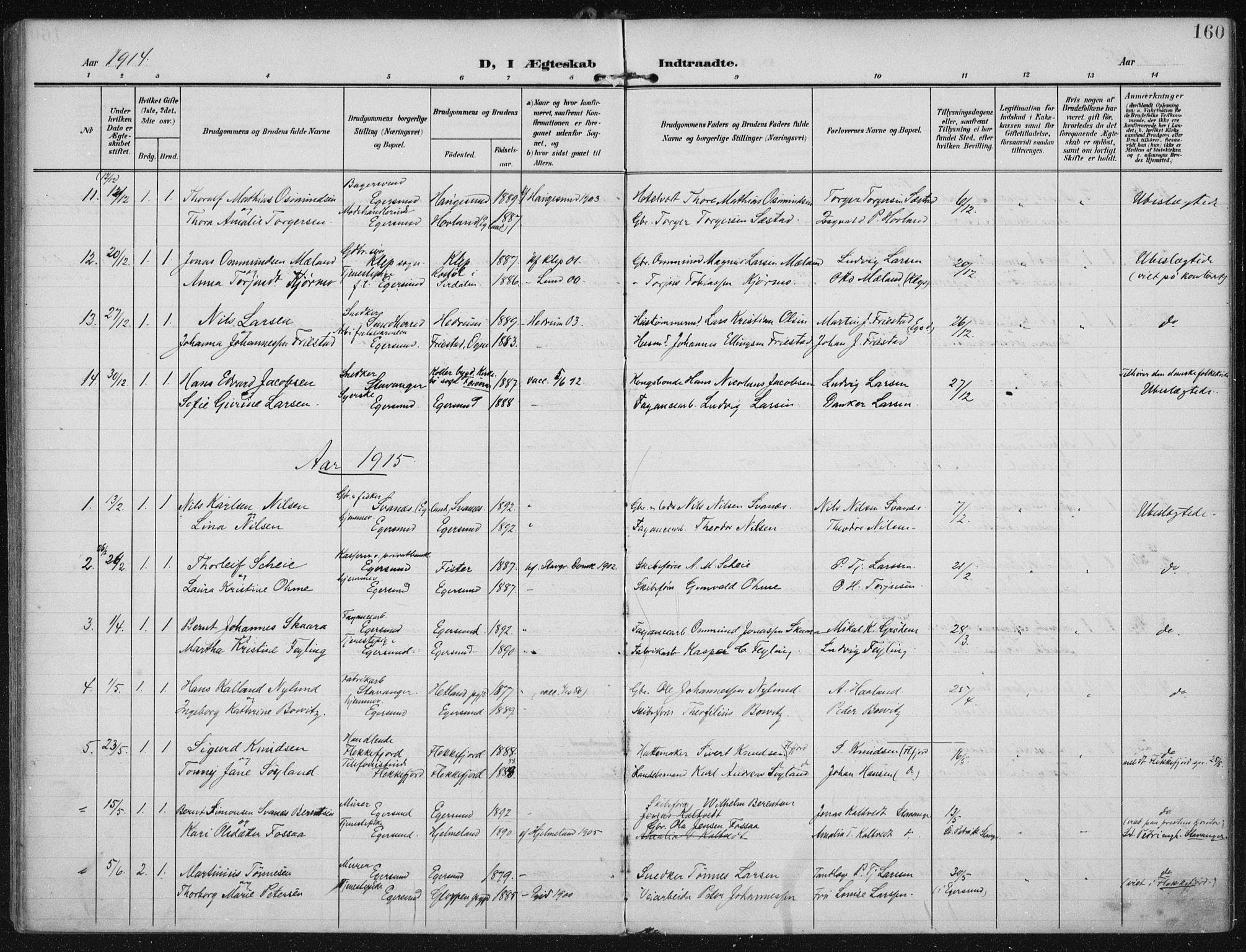 Eigersund sokneprestkontor, SAST/A-101807/S08/L0022: Parish register (official) no. A 21, 1905-1928, p. 160