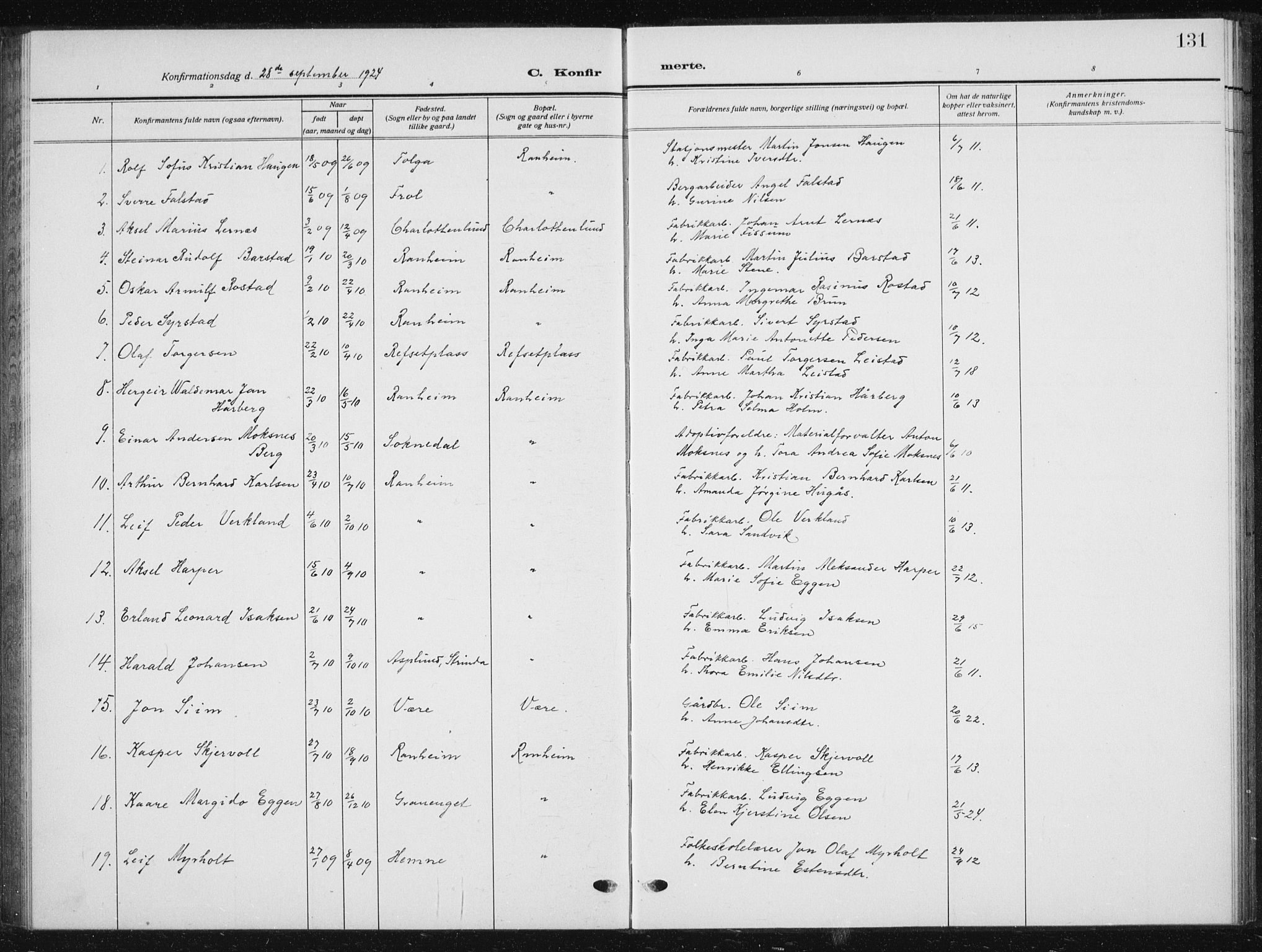 Ministerialprotokoller, klokkerbøker og fødselsregistre - Sør-Trøndelag, SAT/A-1456/615/L0401: Parish register (copy) no. 615C02, 1922-1941, p. 131