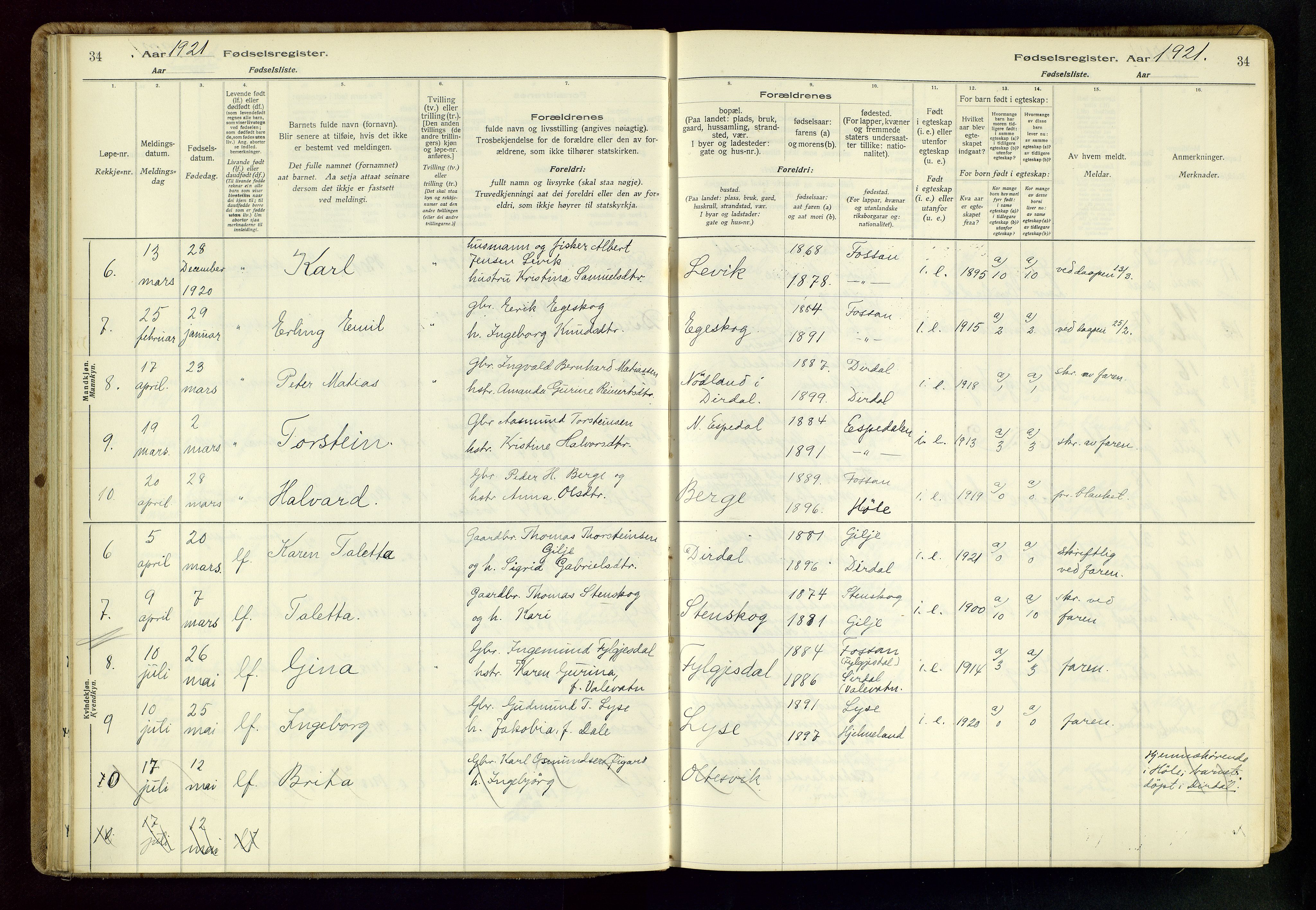 Høgsfjord sokneprestkontor, AV/SAST-A-101624/I/Id/L0002: Birth register no. 2, 1916-1959, p. 34