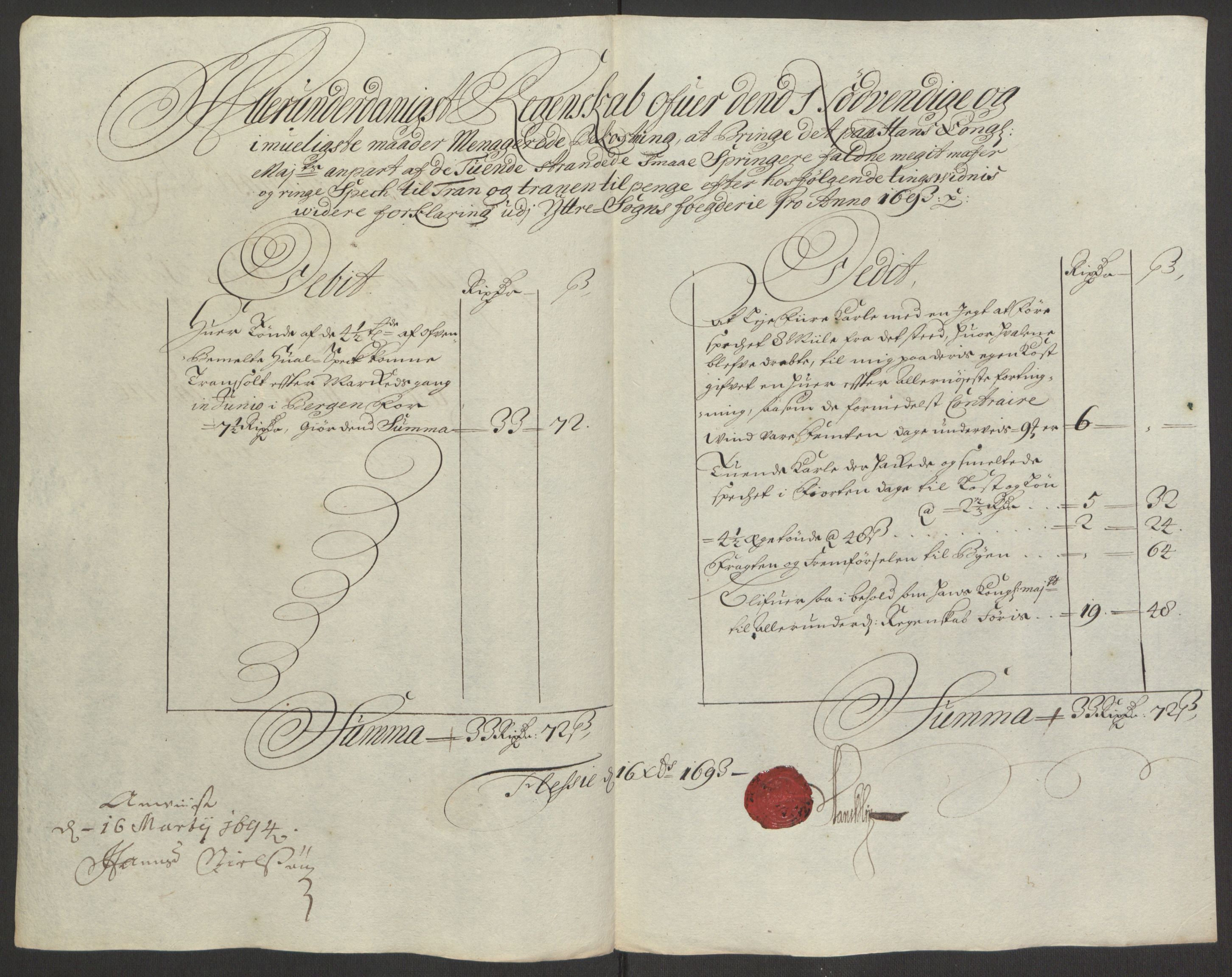 Rentekammeret inntil 1814, Reviderte regnskaper, Fogderegnskap, RA/EA-4092/R52/L3307: Fogderegnskap Sogn, 1693-1694, p. 221