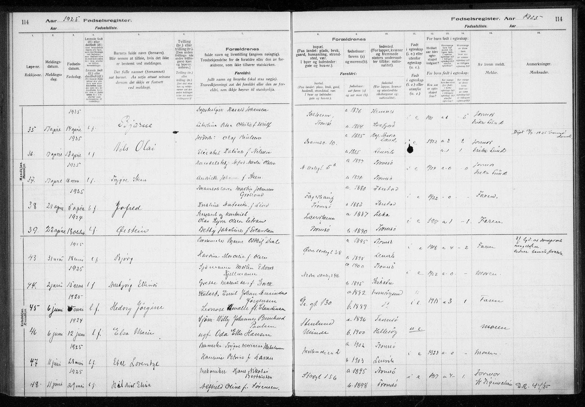 Tromsø sokneprestkontor/stiftsprosti/domprosti, AV/SATØ-S-1343/H/Ha/L0132: Birth register no. 132, 1921-1927, p. 114