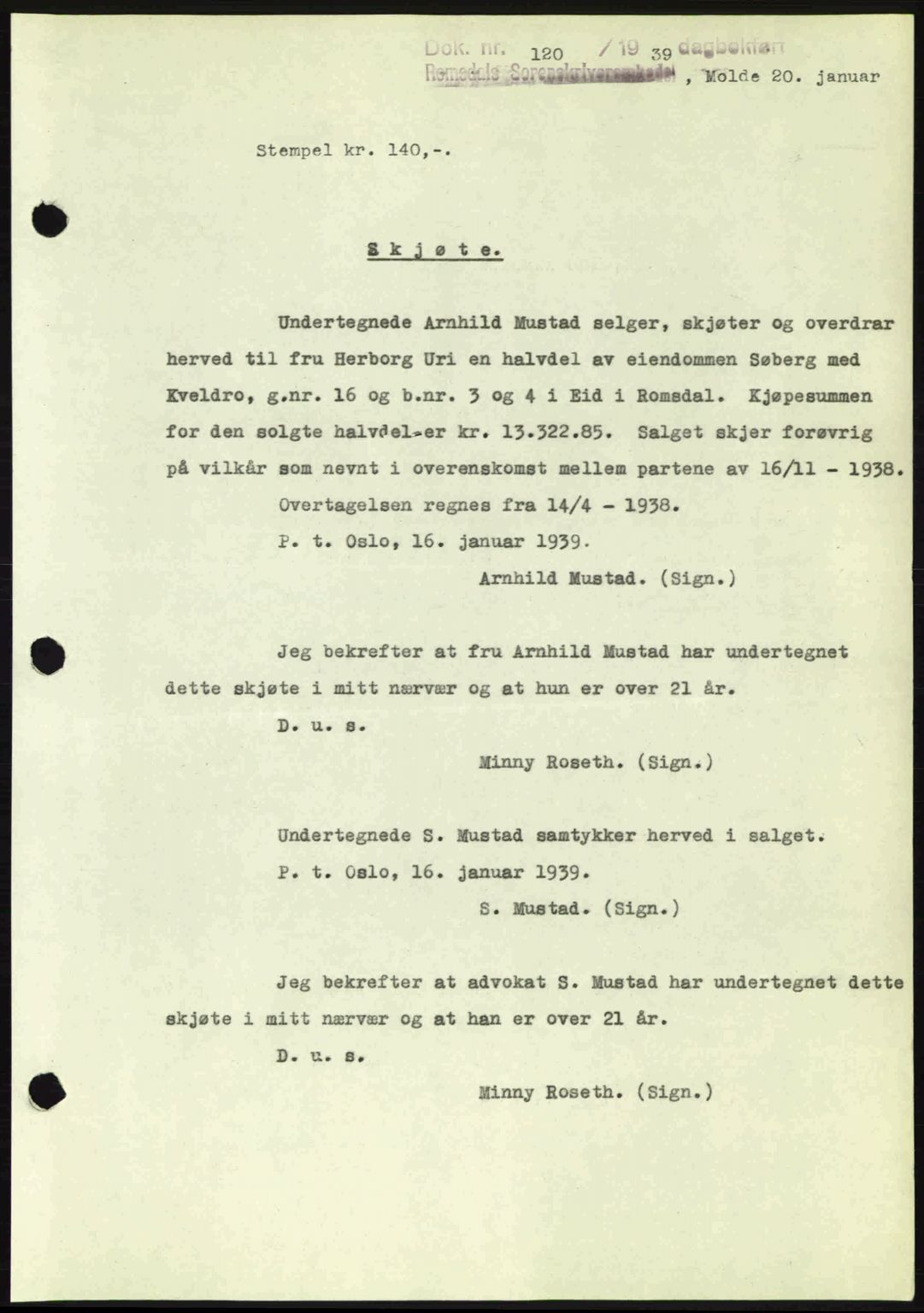 Romsdal sorenskriveri, AV/SAT-A-4149/1/2/2C: Mortgage book no. A6, 1938-1939, Diary no: : 120/1939