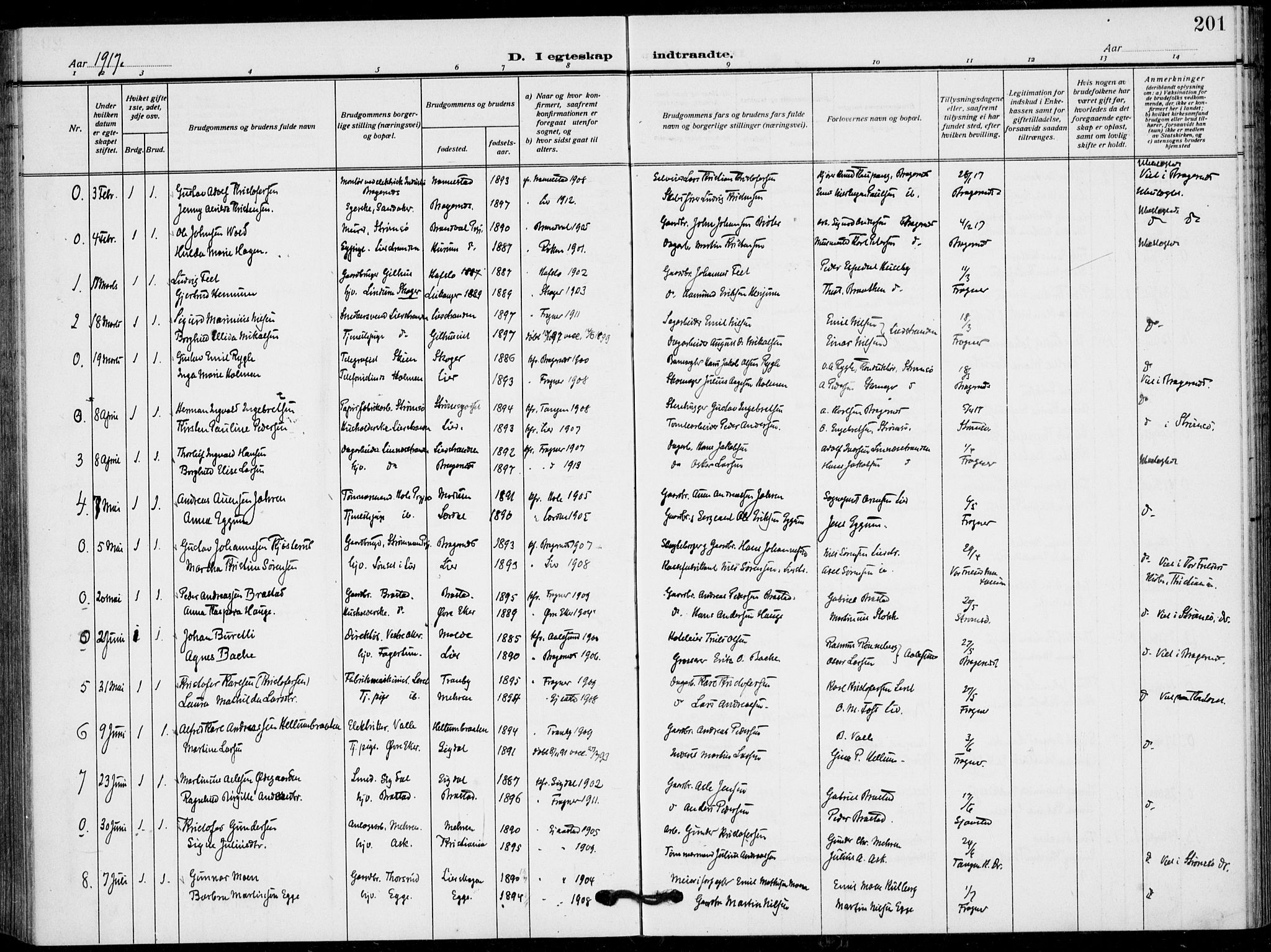 Lier kirkebøker, AV/SAKO-A-230/F/Fa/L0018: Parish register (official) no. I 18, 1909-1917, p. 201