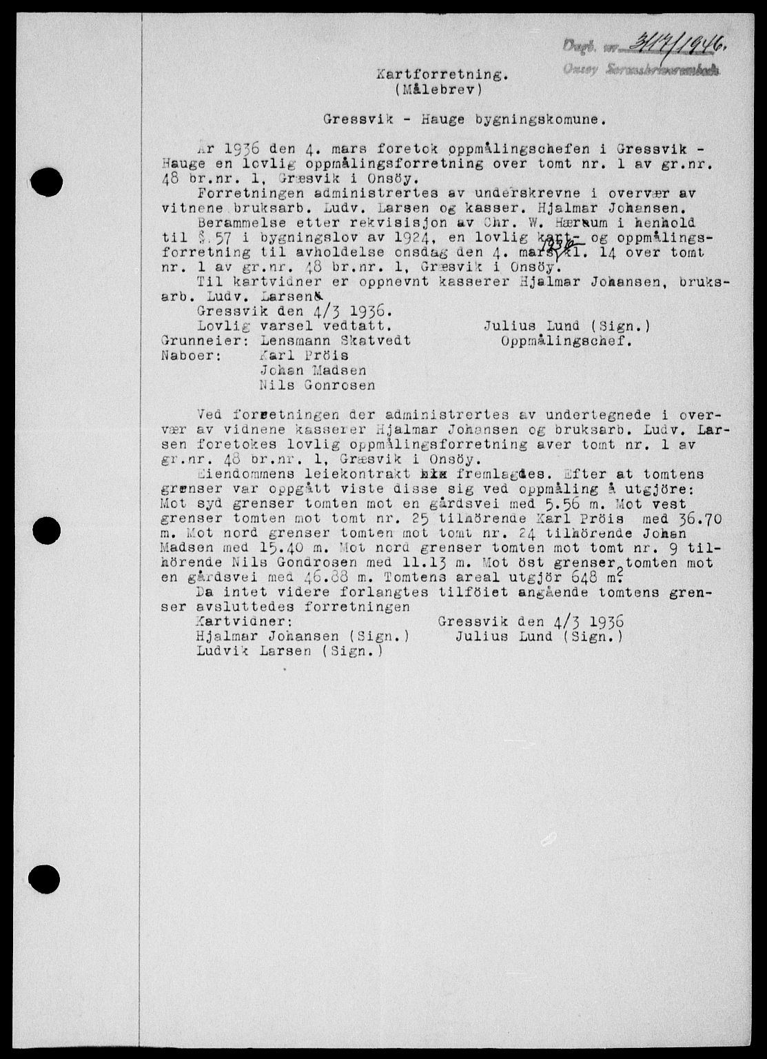 Onsøy sorenskriveri, SAO/A-10474/G/Ga/Gab/L0018: Mortgage book no. II A-18, 1946-1947, Diary no: : 3117/1946