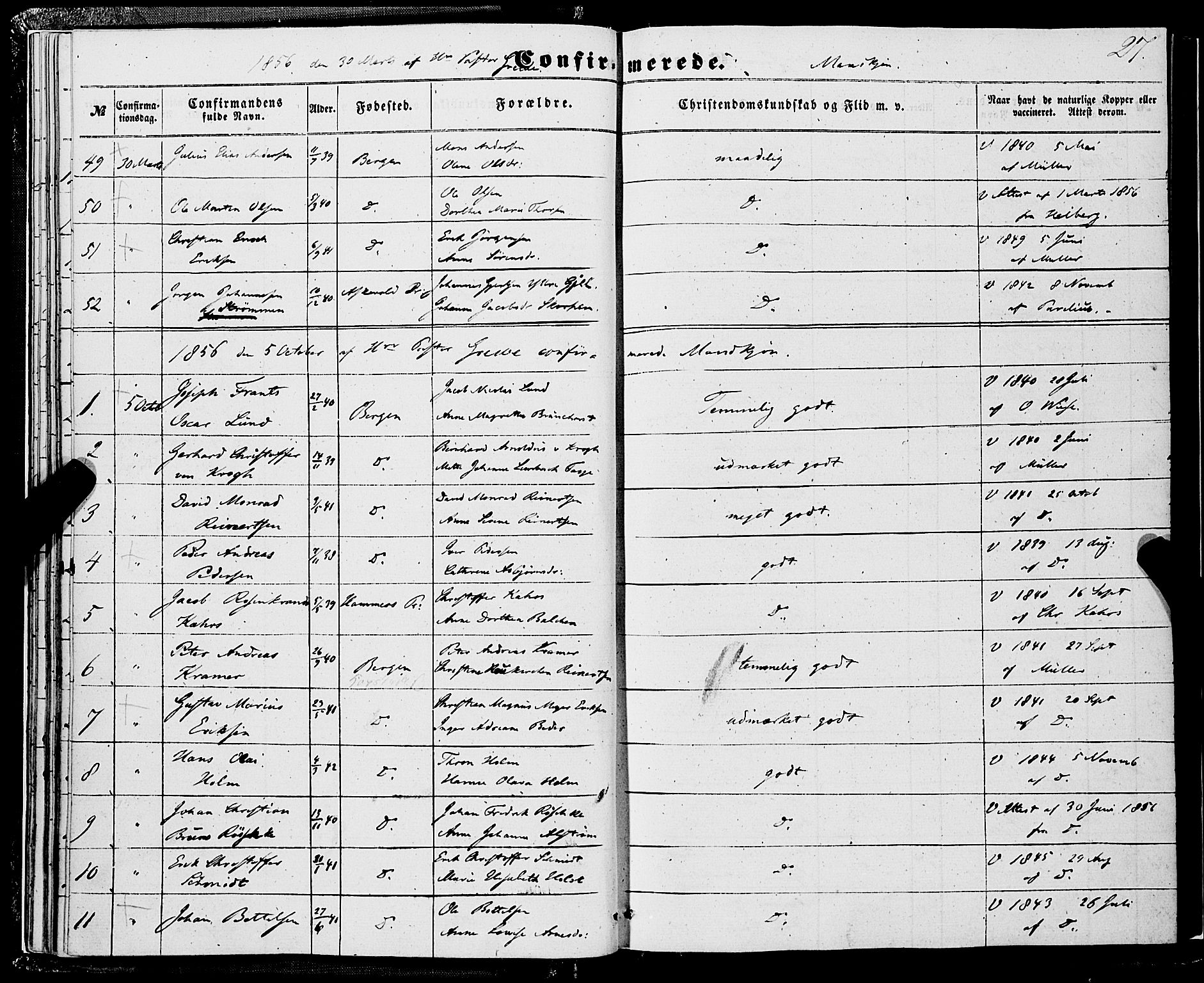 Domkirken sokneprestembete, AV/SAB-A-74801/H/Haa/L0028: Parish register (official) no. C 3, 1852-1864, p. 27