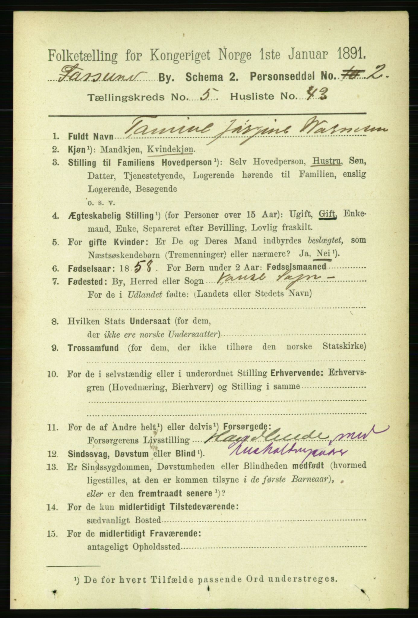 RA, 1891 census for 1003 Farsund, 1891, p. 2206