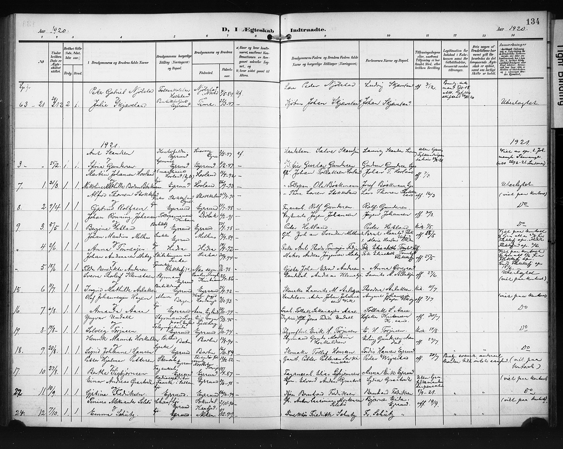 Eigersund sokneprestkontor, SAST/A-101807/S09/L0012: Parish register (copy) no. B 12, 1908-1930, p. 134